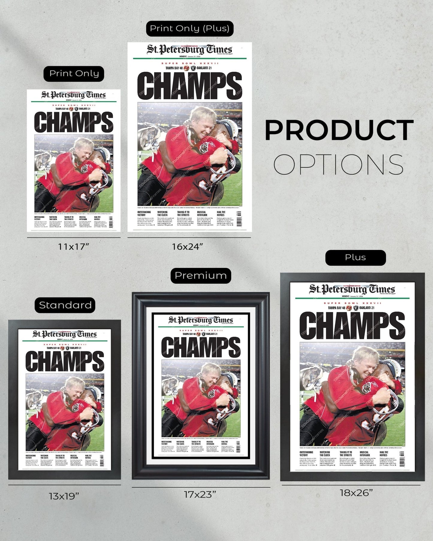 2003 Tampa Bay Buccaneers Super Bowl Champion Framed Newspaper Front Page Print - Title Game Frames