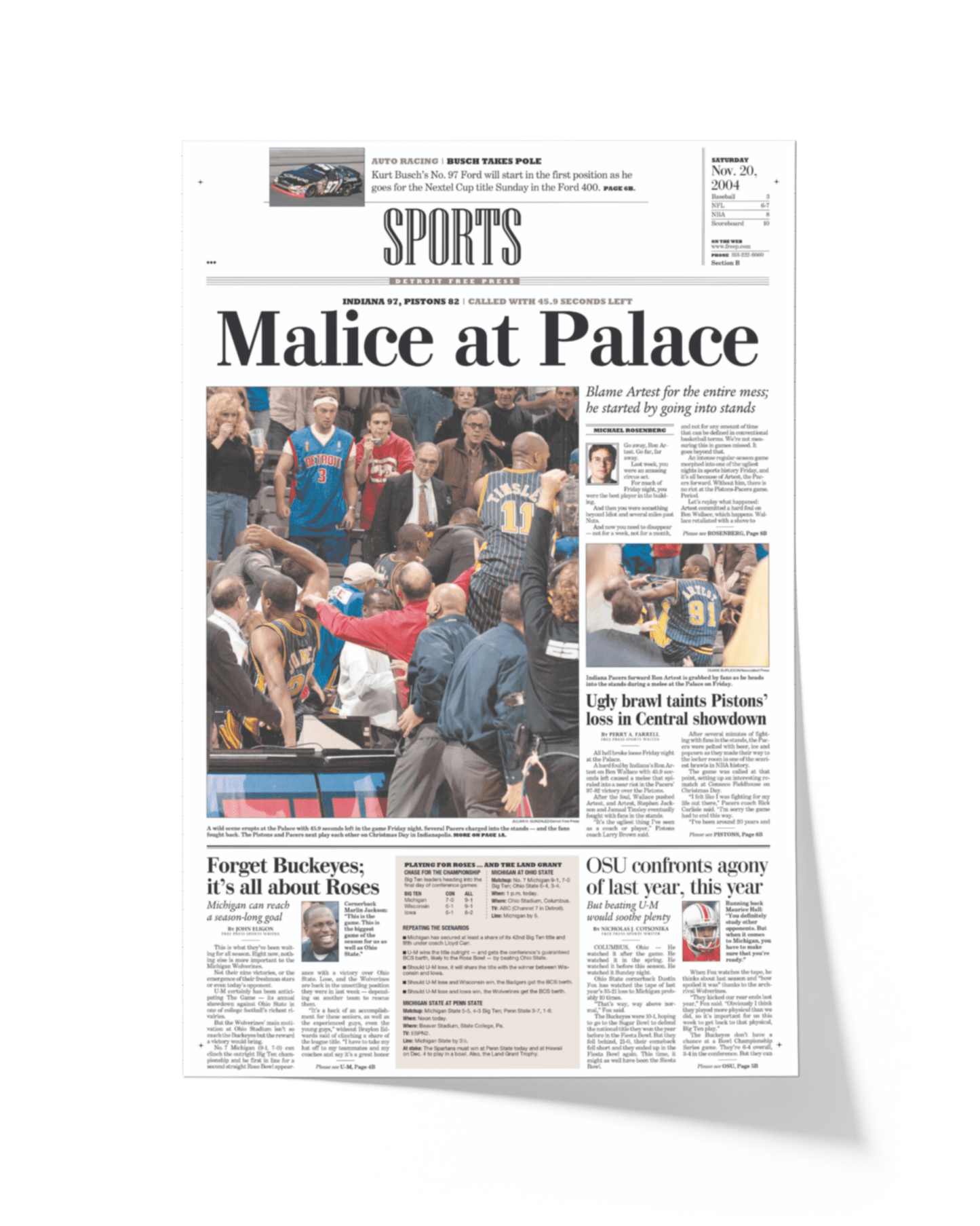 2004 Malice at the Palace Pacers vs. Pistons Brawl Framed Newspaper: - TitleGameFrames.com