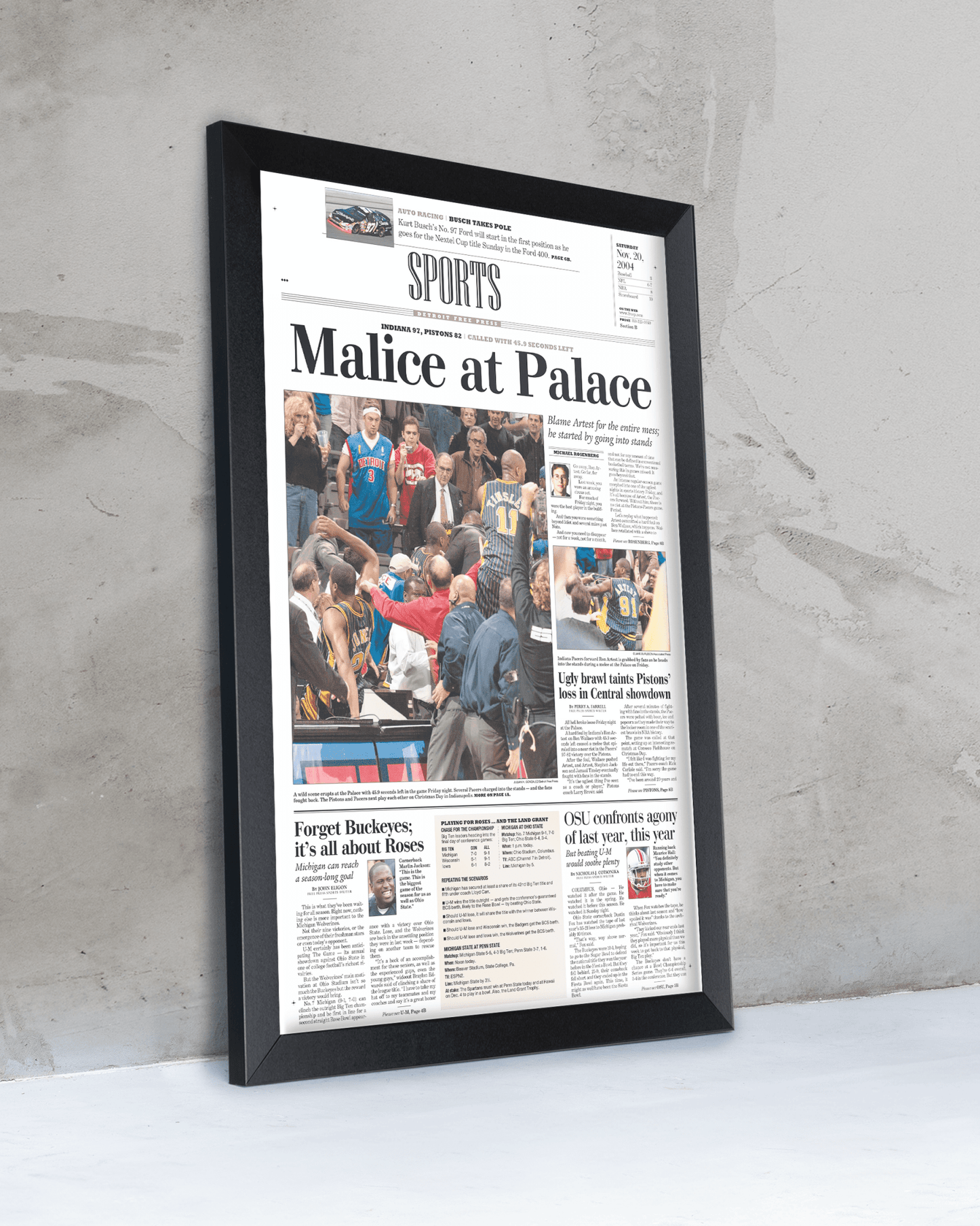 2004 Malice at the Palace Pacers vs. Pistons Brawl Framed Newspaper: - TitleGameFrames.com