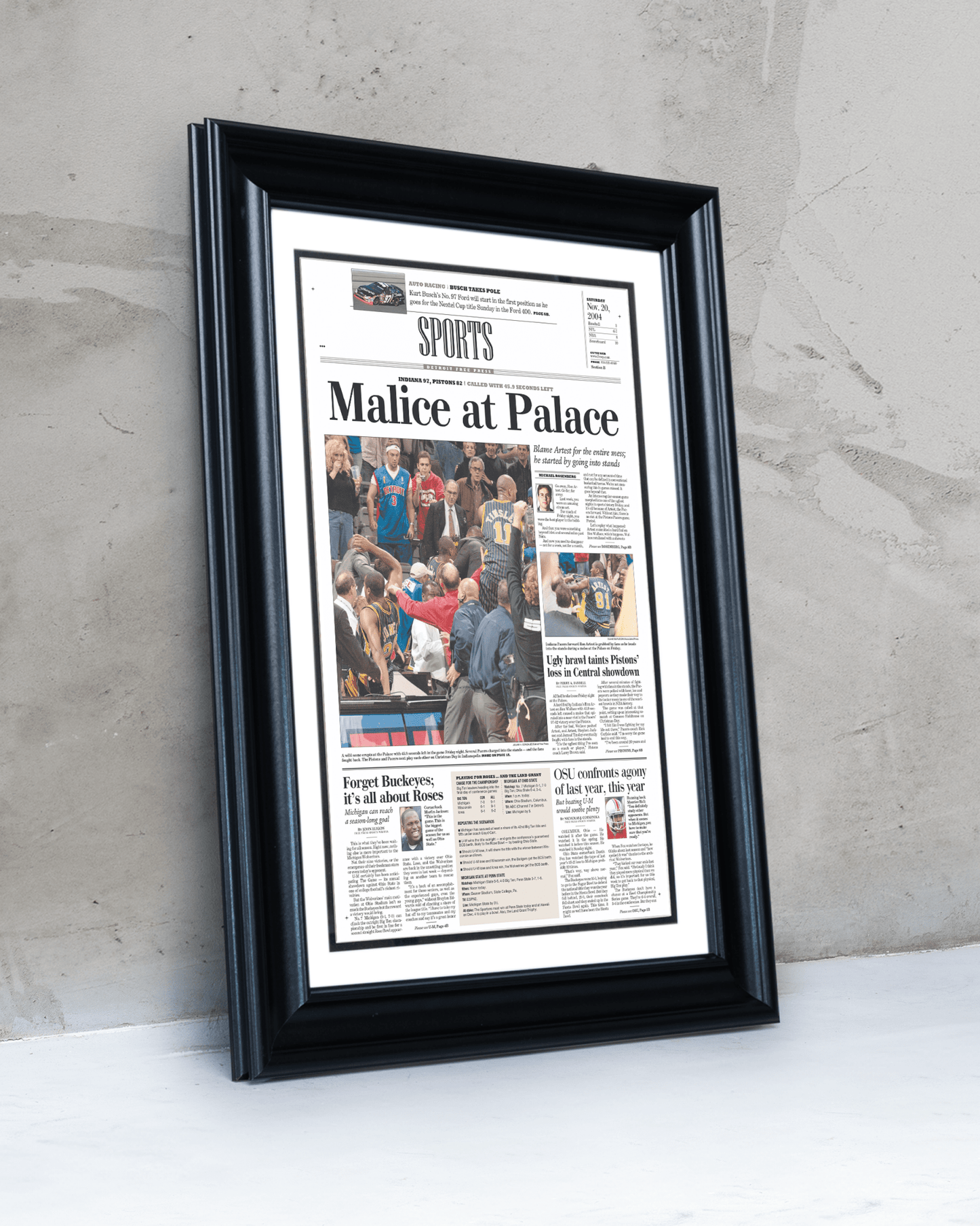 2004 Malice at the Palace Pacers vs. Pistons Brawl Framed Newspaper: - TitleGameFrames.com