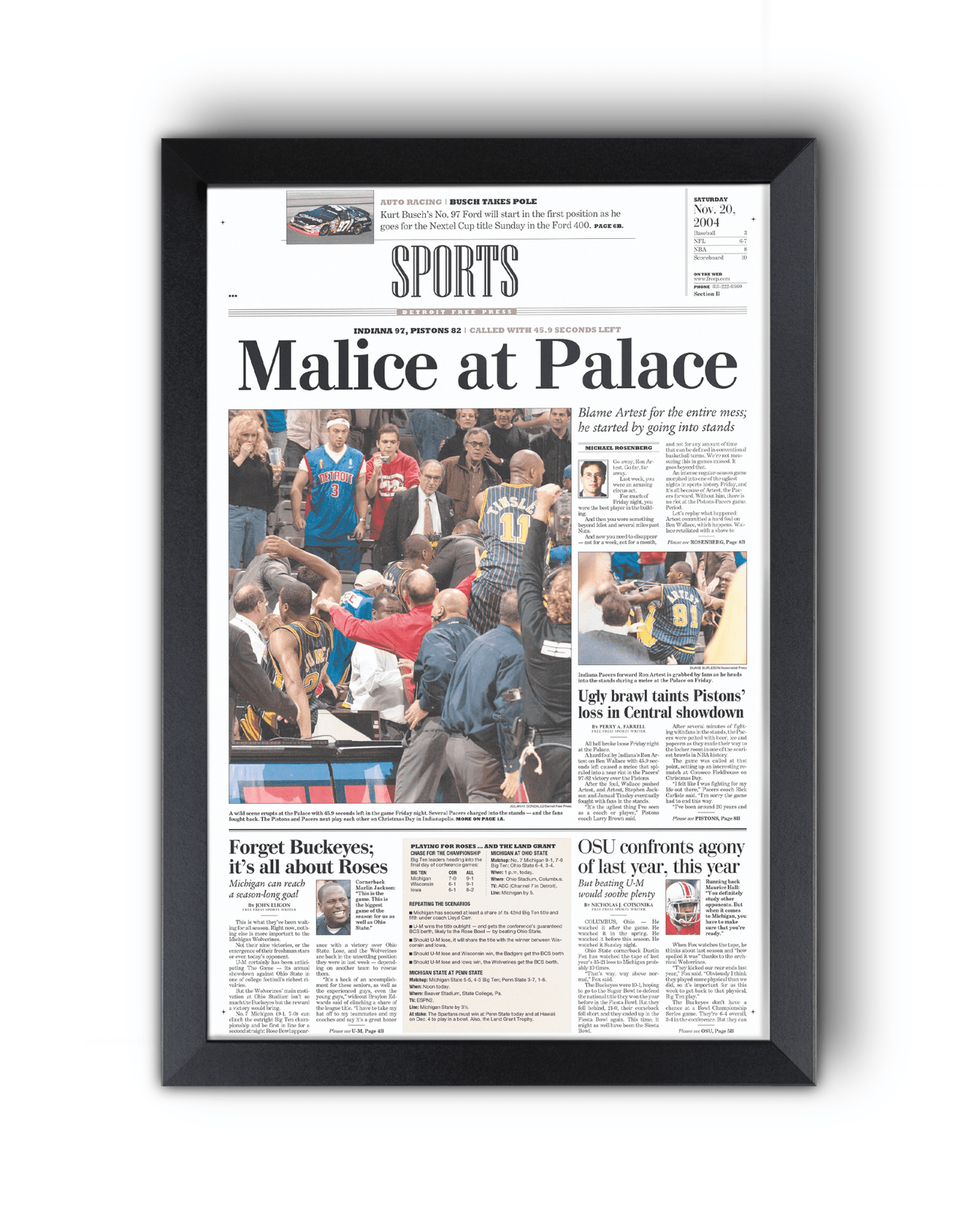 2004 Malice at the Palace Pacers vs. Pistons Brawl Framed Newspaper: - TitleGameFrames.com