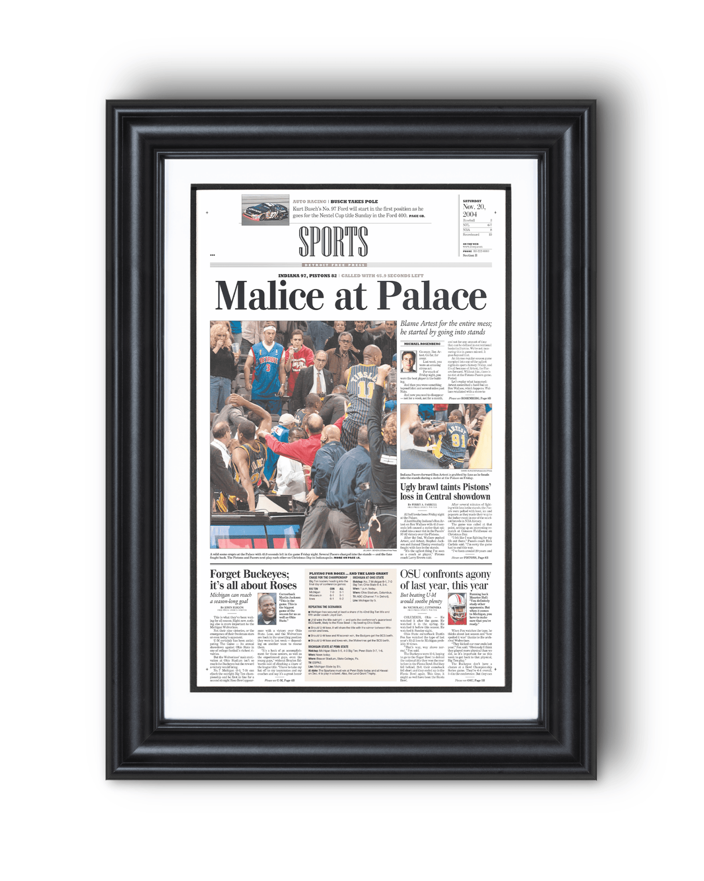 2004 Malice at the Palace Pacers vs. Pistons Brawl Framed Newspaper: - TitleGameFrames.com