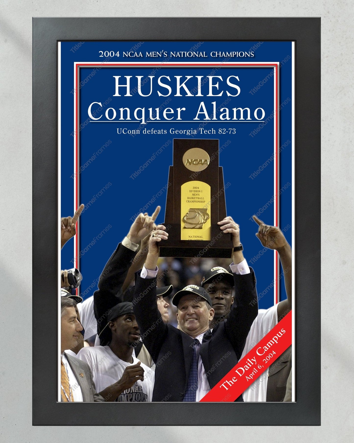 2004 UConn 'HUSKIES Conquer Alamo' NCAA Championship Framed Newspaper - TitleGameFrames.com