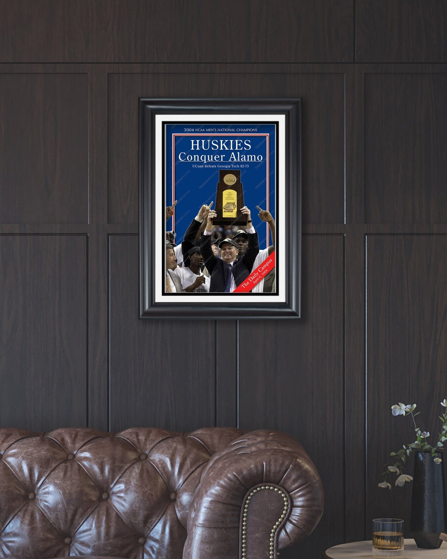 2004 UConn 'HUSKIES Conquer Alamo' NCAA Championship Framed Newspaper - TitleGameFrames.com