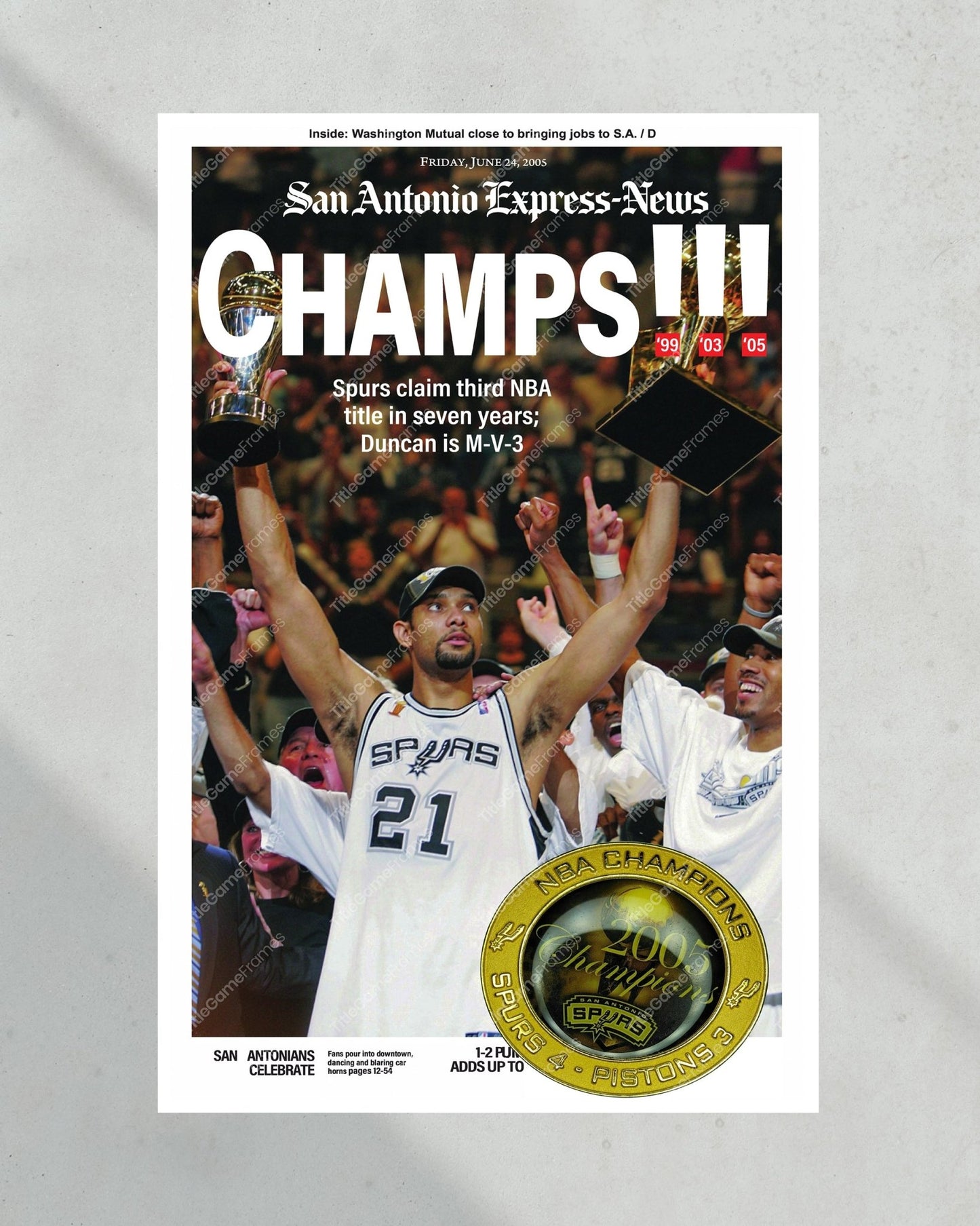 2005 San Antonio Spurs NBA Champion Framed Front Page Newspaper Print - TitleGameFrames.com