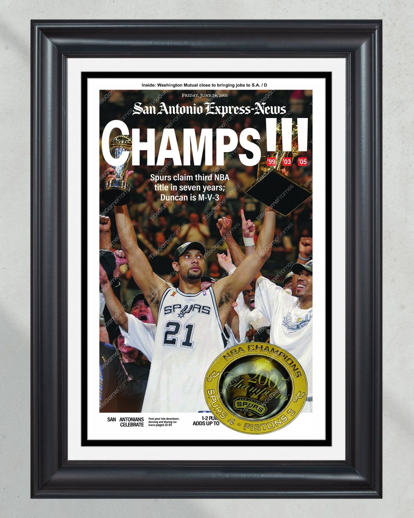 2005 San Antonio Spurs NBA Champion Framed Front Page Newspaper Print - TitleGameFrames.com