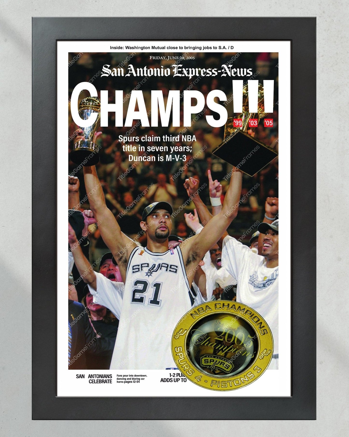 2005 San Antonio Spurs NBA Champion Framed Front Page Newspaper Print - TitleGameFrames.com