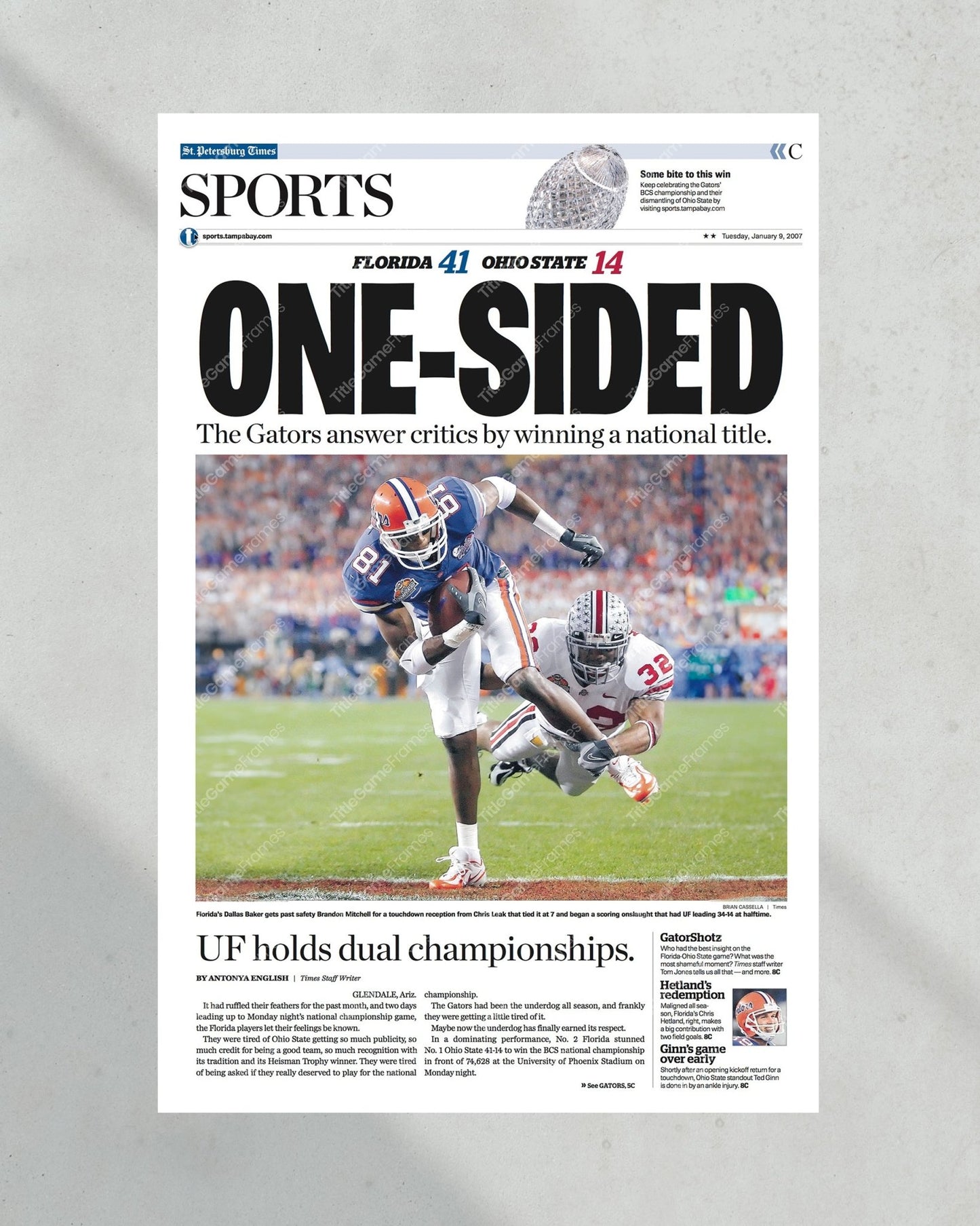 2006 Florida Gators College Football Champions 'One Sided' Framed Newspaper - TitleGameFrames.com