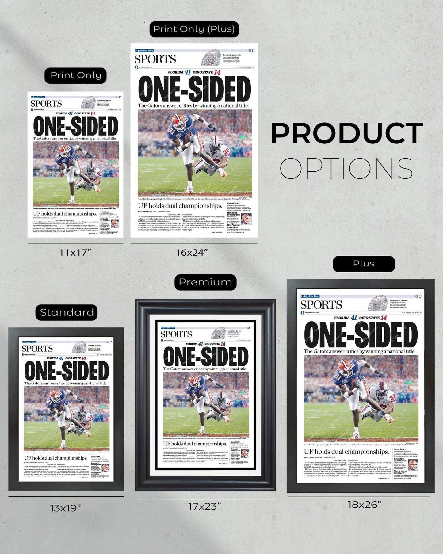2006 Florida Gators College Football Champions 'One Sided' Framed Newspaper - TitleGameFrames.com