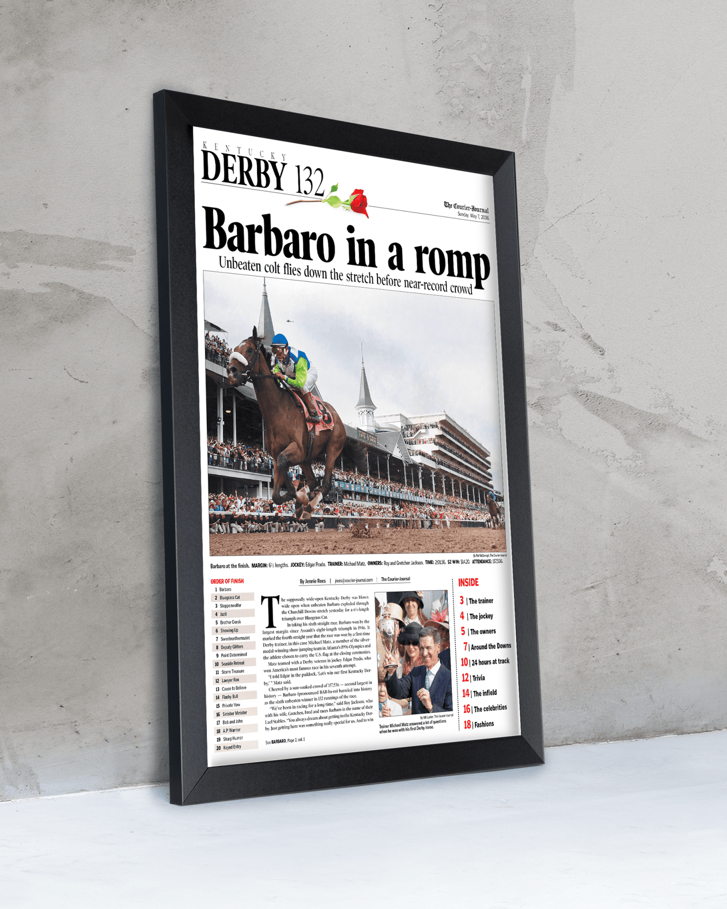 2006 Kentucky Derby "Barbaro in a Romp"Framed Front Page Newspaper - TitleGameFrames.com