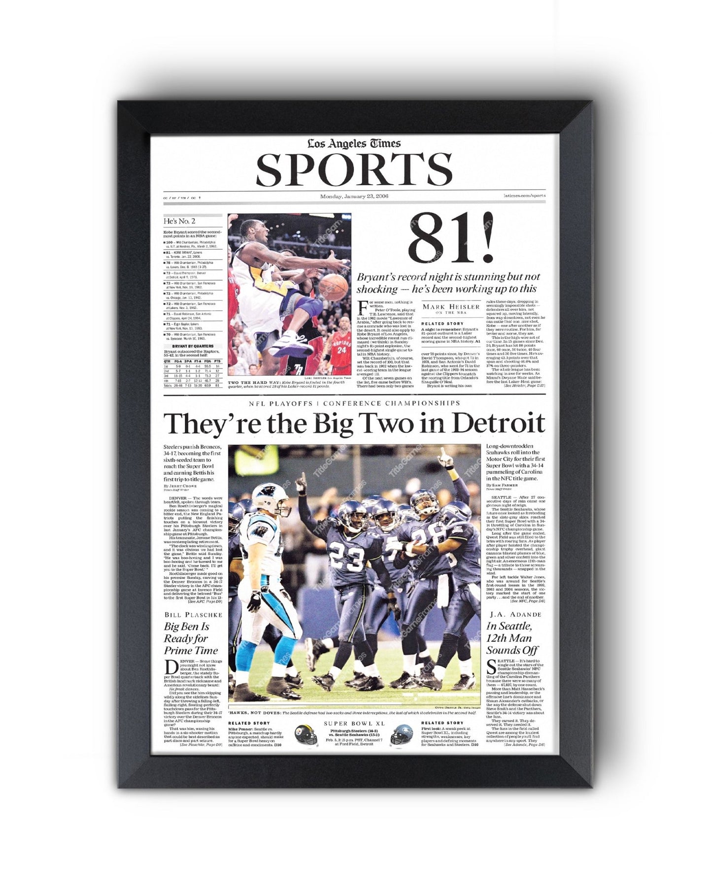 2006 Kobe Bryant 81 Point Game Framed Newspaper Front Page Print - Title Game Frames