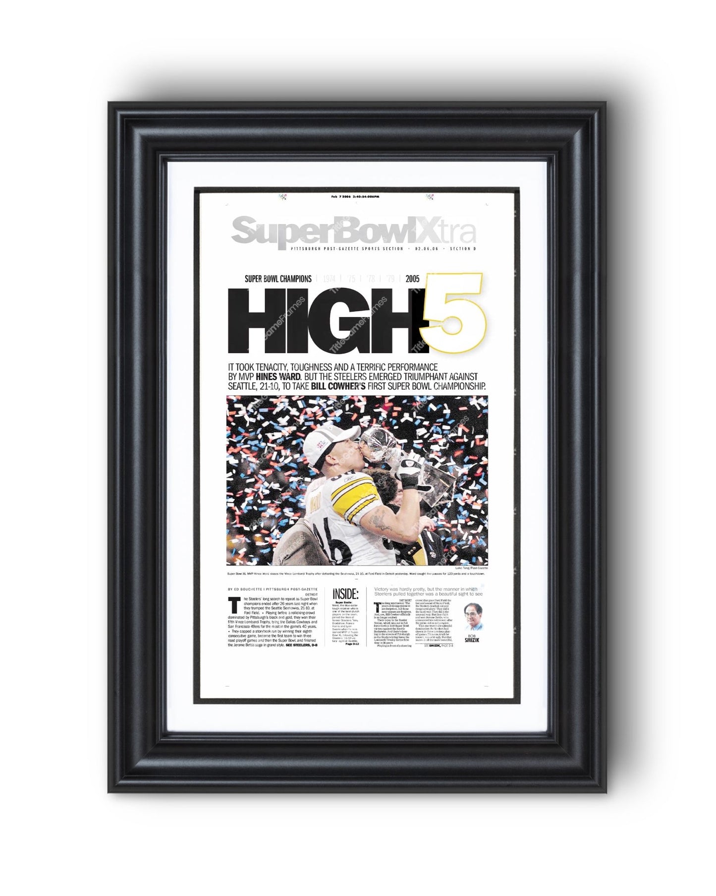 2006 Pittsburgh Steelers “High 5” Super Bowl Champions Framed Front Page Newspaper Print - Title Game Frames