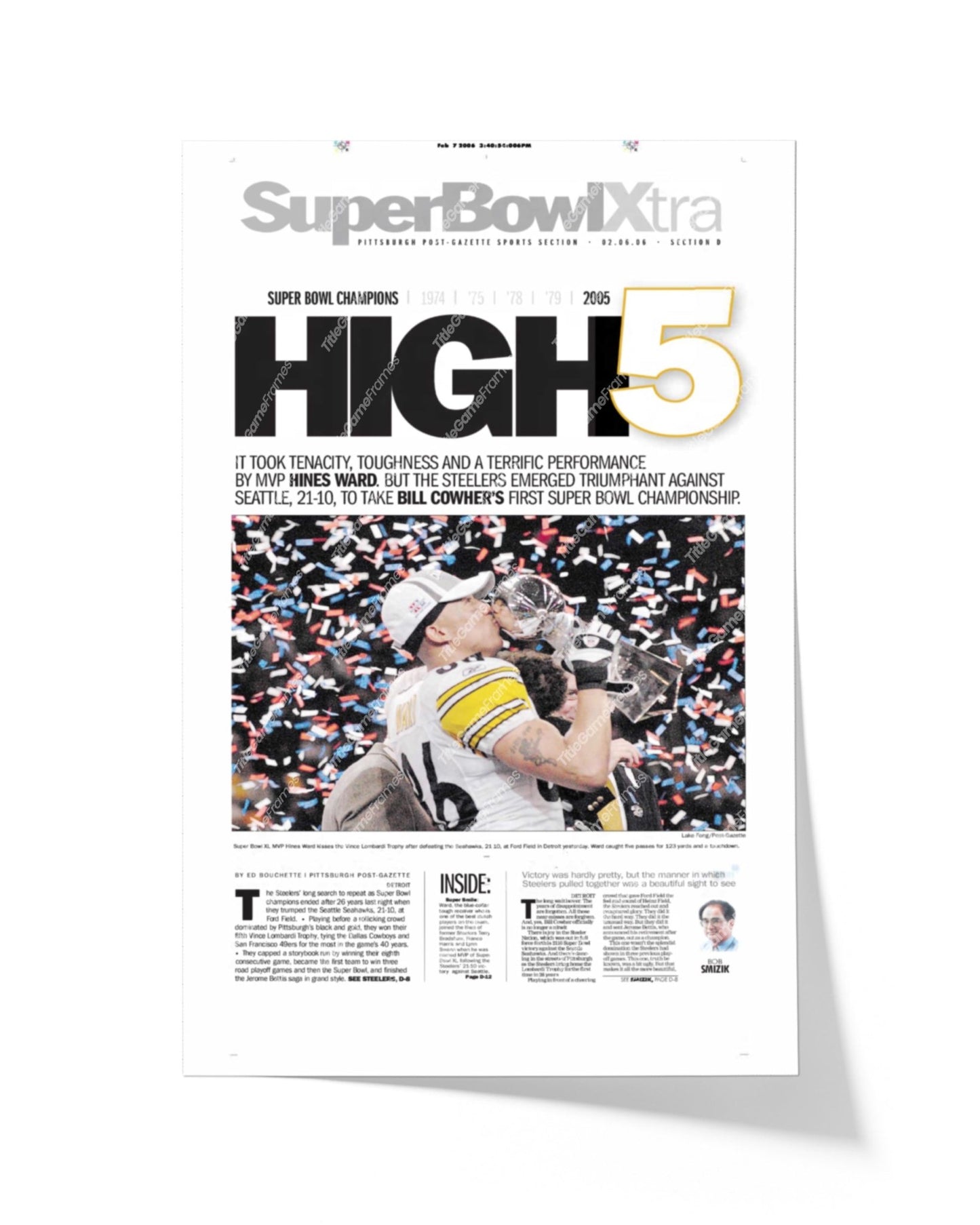2006 Pittsburgh Steelers “High 5” Super Bowl Champions Framed Front Page Newspaper Print - Title Game Frames