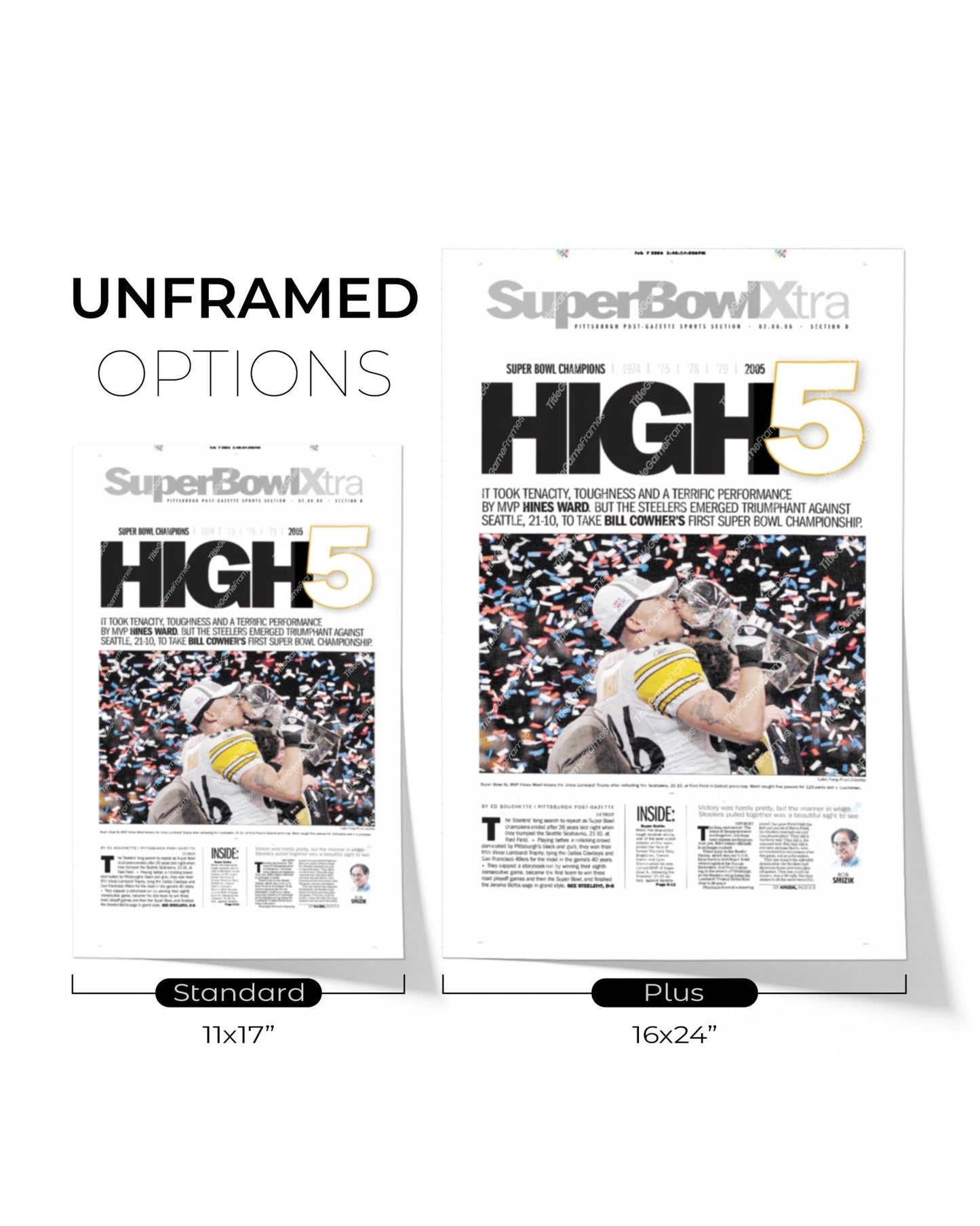 2006 Pittsburgh Steelers “High 5” Super Bowl Champions Framed Front Page Newspaper Print - Title Game Frames