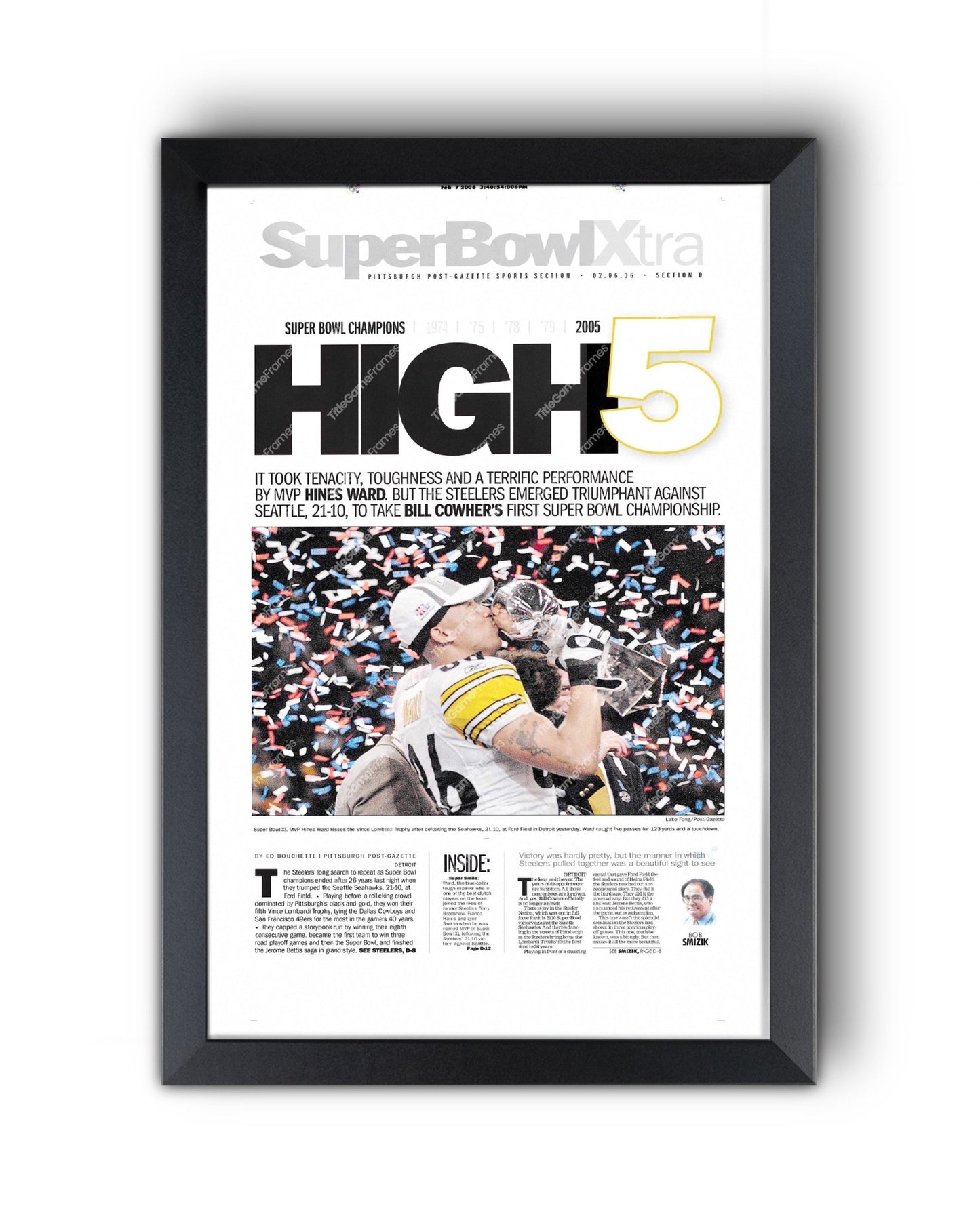 2006 Pittsburgh Steelers “High 5” Super Bowl Champions Framed Front Page Newspaper Print - Title Game Frames