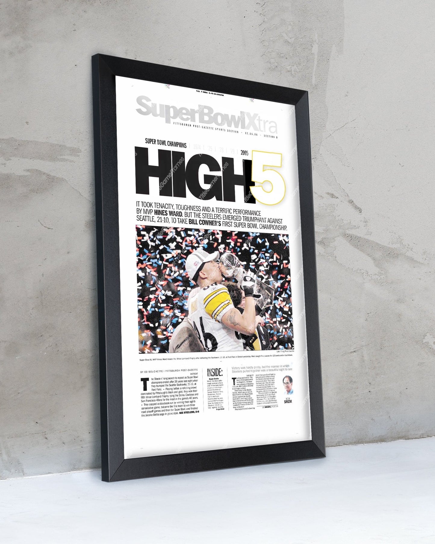 2006 Pittsburgh Steelers “High 5” Super Bowl Champions Framed Front Page Newspaper Print - Title Game Frames