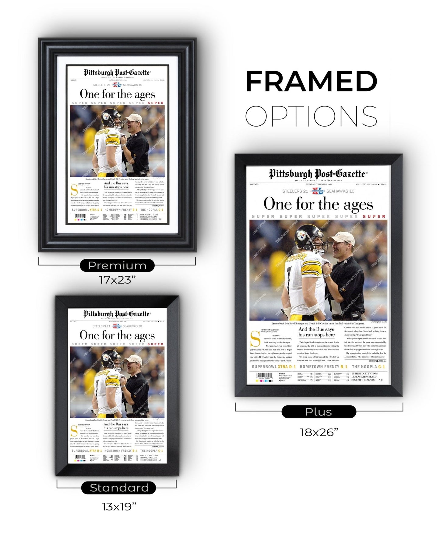 2006 Pittsburgh Steelers Superbowl XL Newspaper Cover Print - One for the ages - Title Game Frames