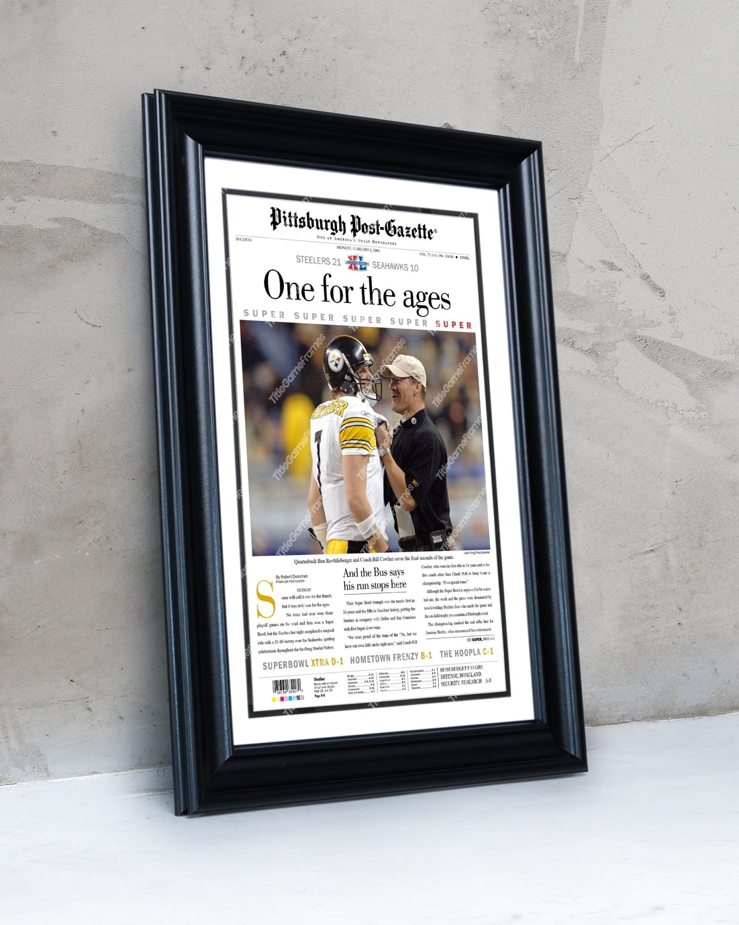 2006 Pittsburgh Steelers Superbowl XL Newspaper Cover Print - One for the ages - Title Game Frames