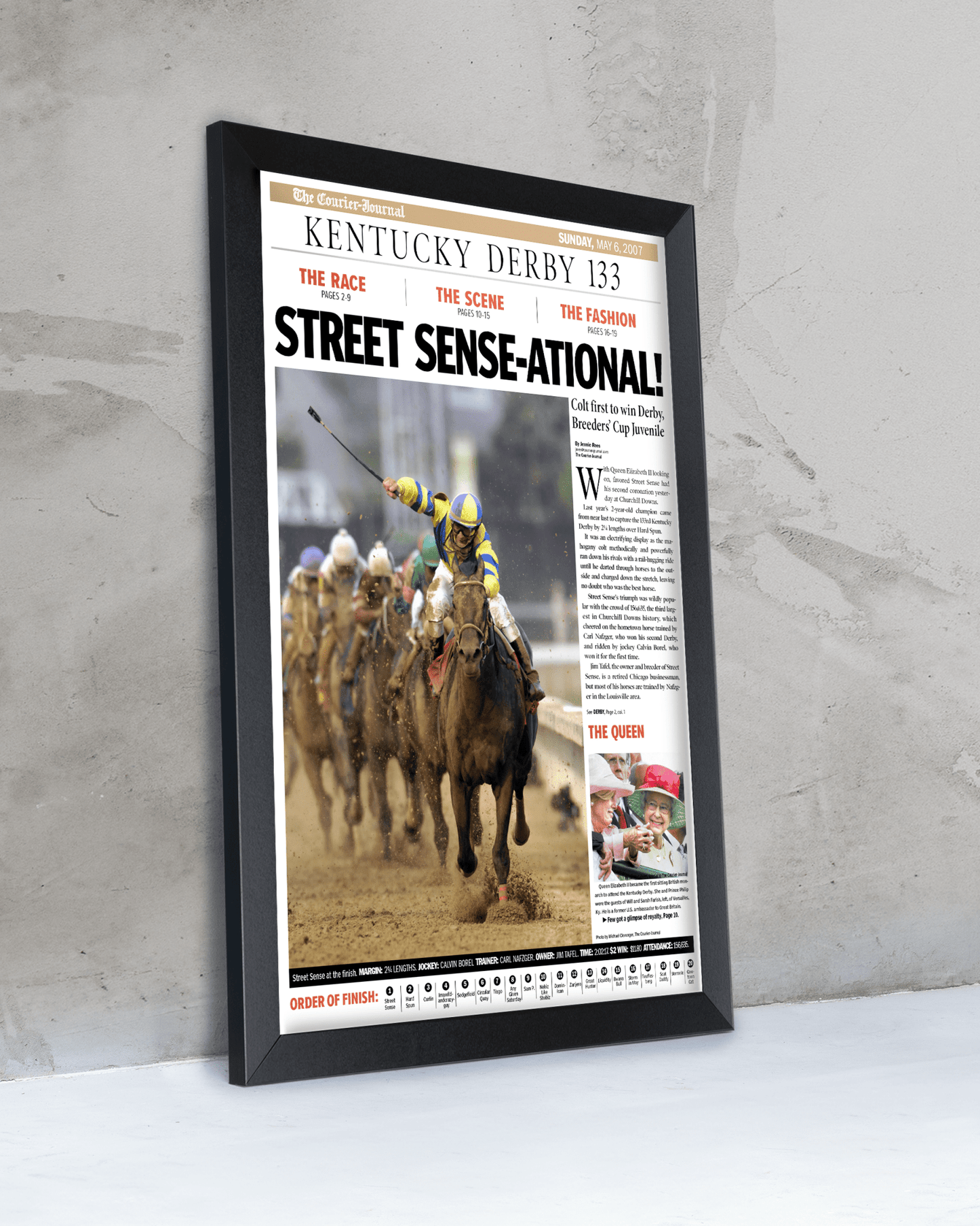 2007 Kentucky Derby "STREET SENSE - ATIONAL!" Street Sense Winner Framed Newspaper - TitleGameFrames.com