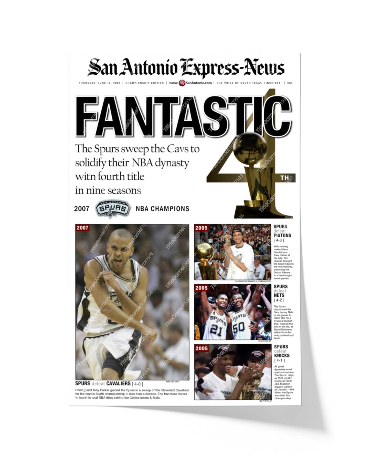 2007 San Antonio Spurs NBA Champion Framed Front Page Newspaper Print - Title Game Frames