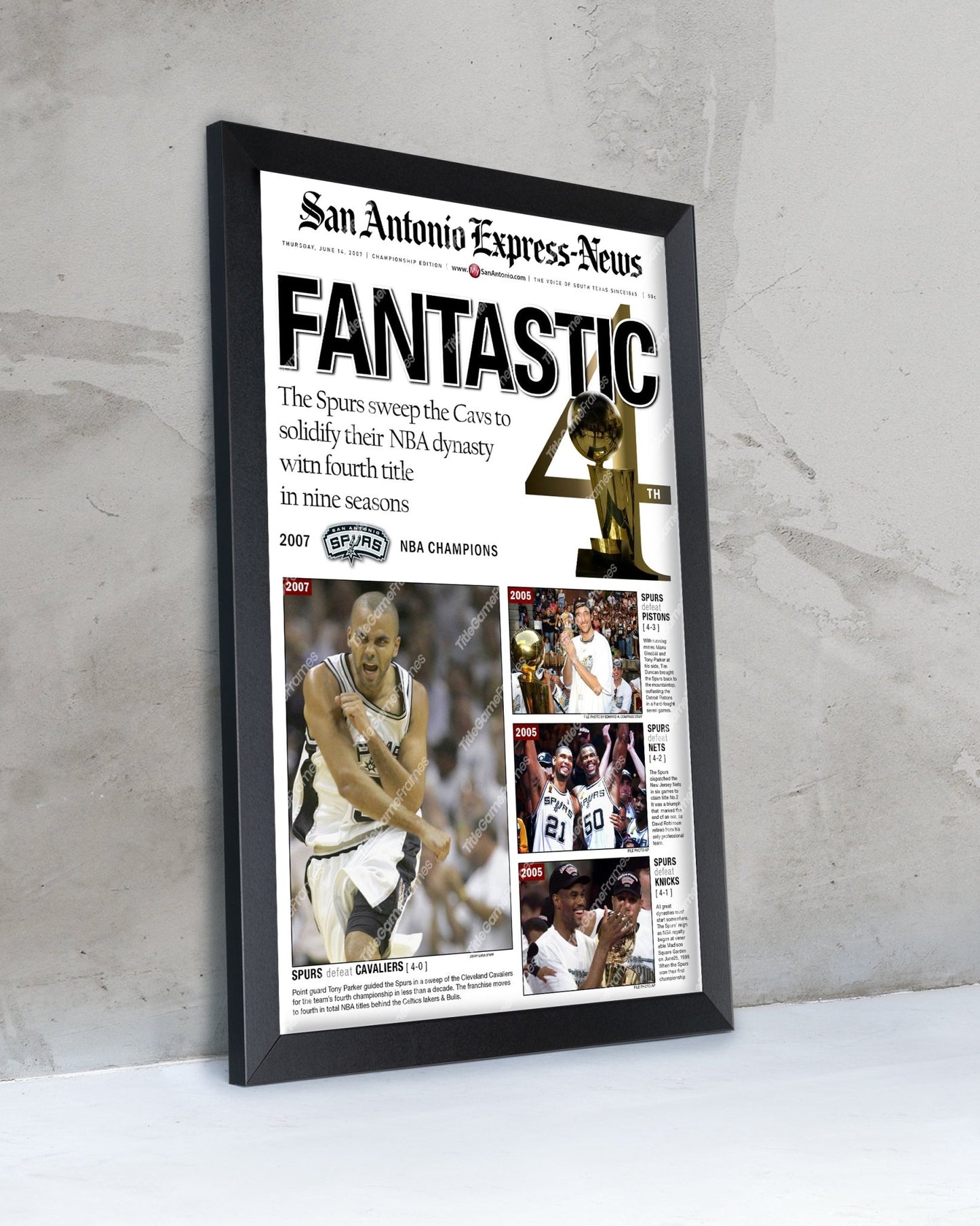 2007 San Antonio Spurs NBA Champion Framed Front Page Newspaper Print - Title Game Frames