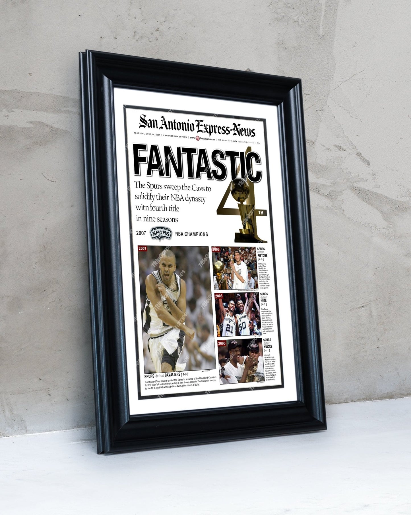 2007 San Antonio Spurs NBA Champion Framed Front Page Newspaper Print - Title Game Frames