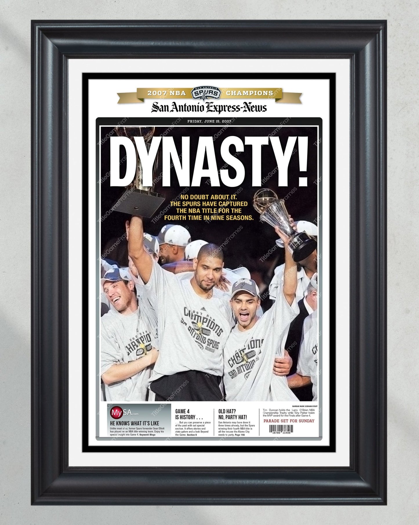 2007 San Antonio Spurs NBA Champion Framed Front Page Newspaper Print - TitleGameFrames.com