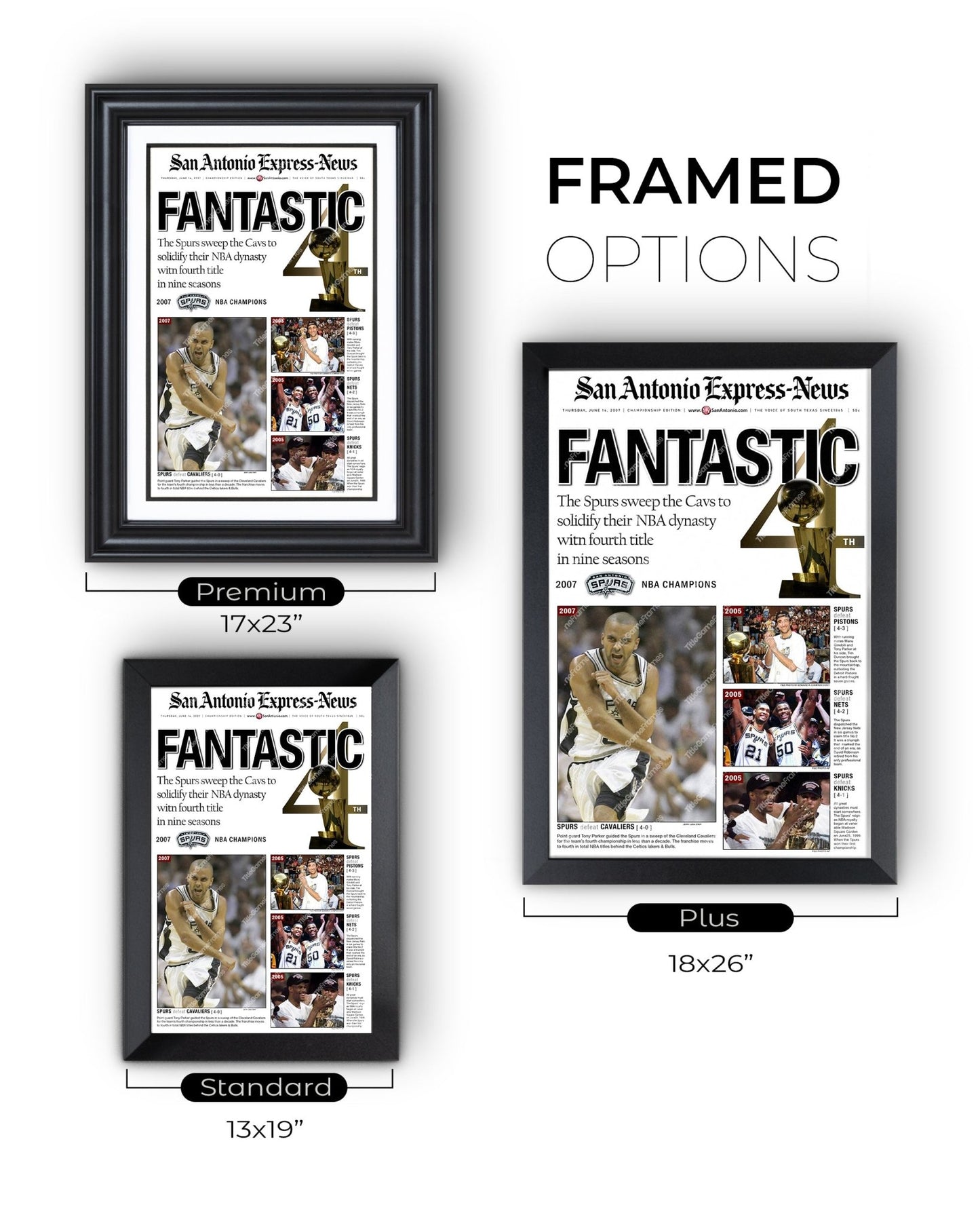 2007 San Antonio Spurs NBA Champion Framed Front Page Newspaper Print - Title Game Frames