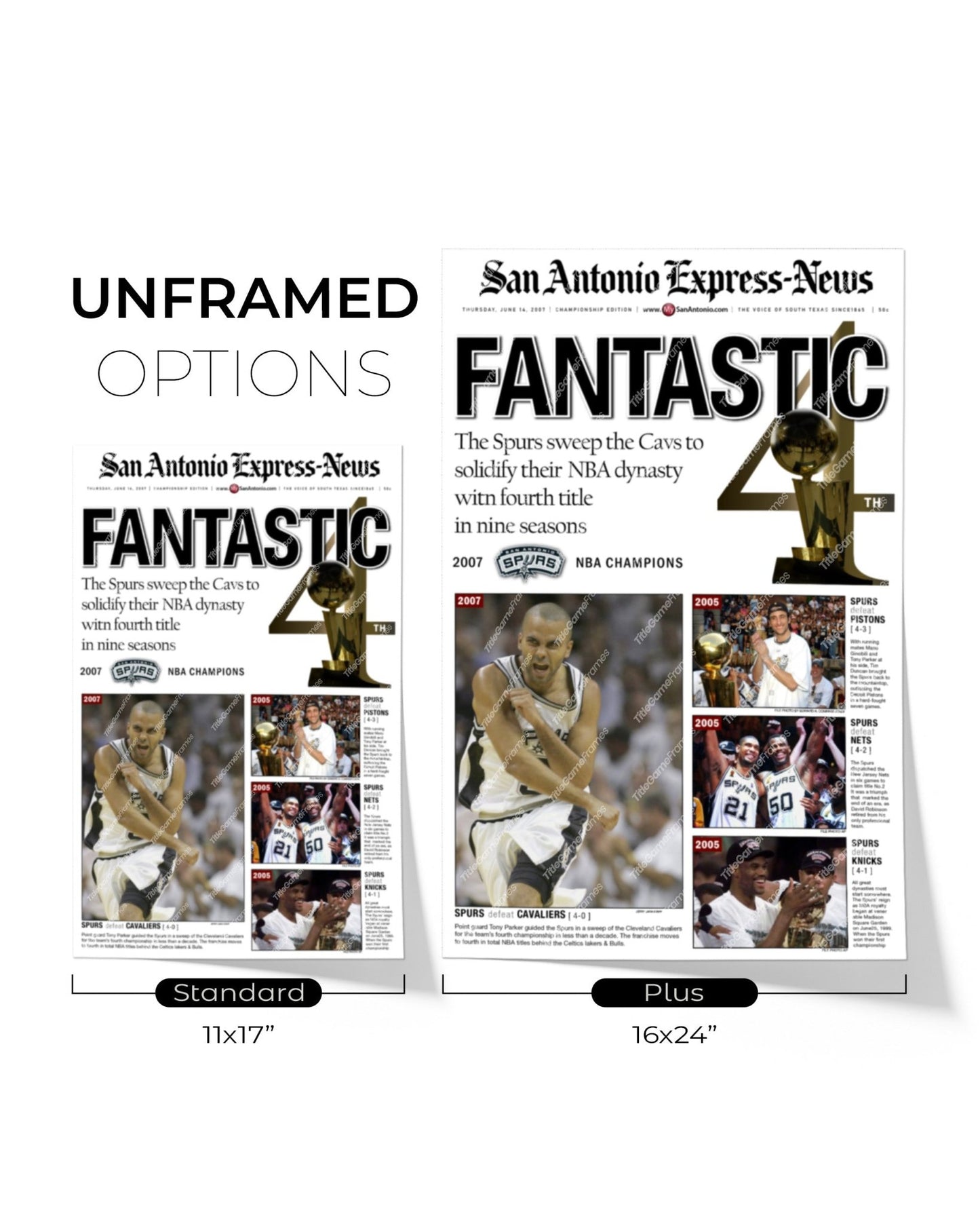 2007 San Antonio Spurs NBA Champion Framed Front Page Newspaper Print - Title Game Frames