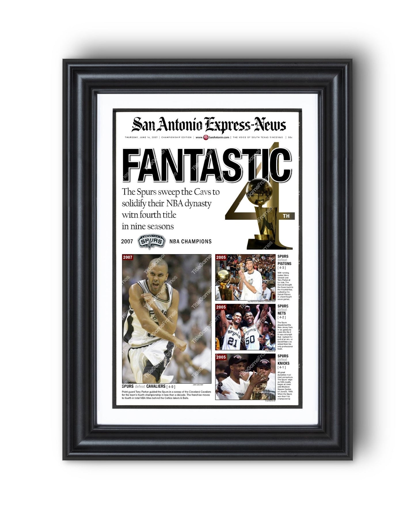 2007 San Antonio Spurs NBA Champion Framed Front Page Newspaper Print - Title Game Frames