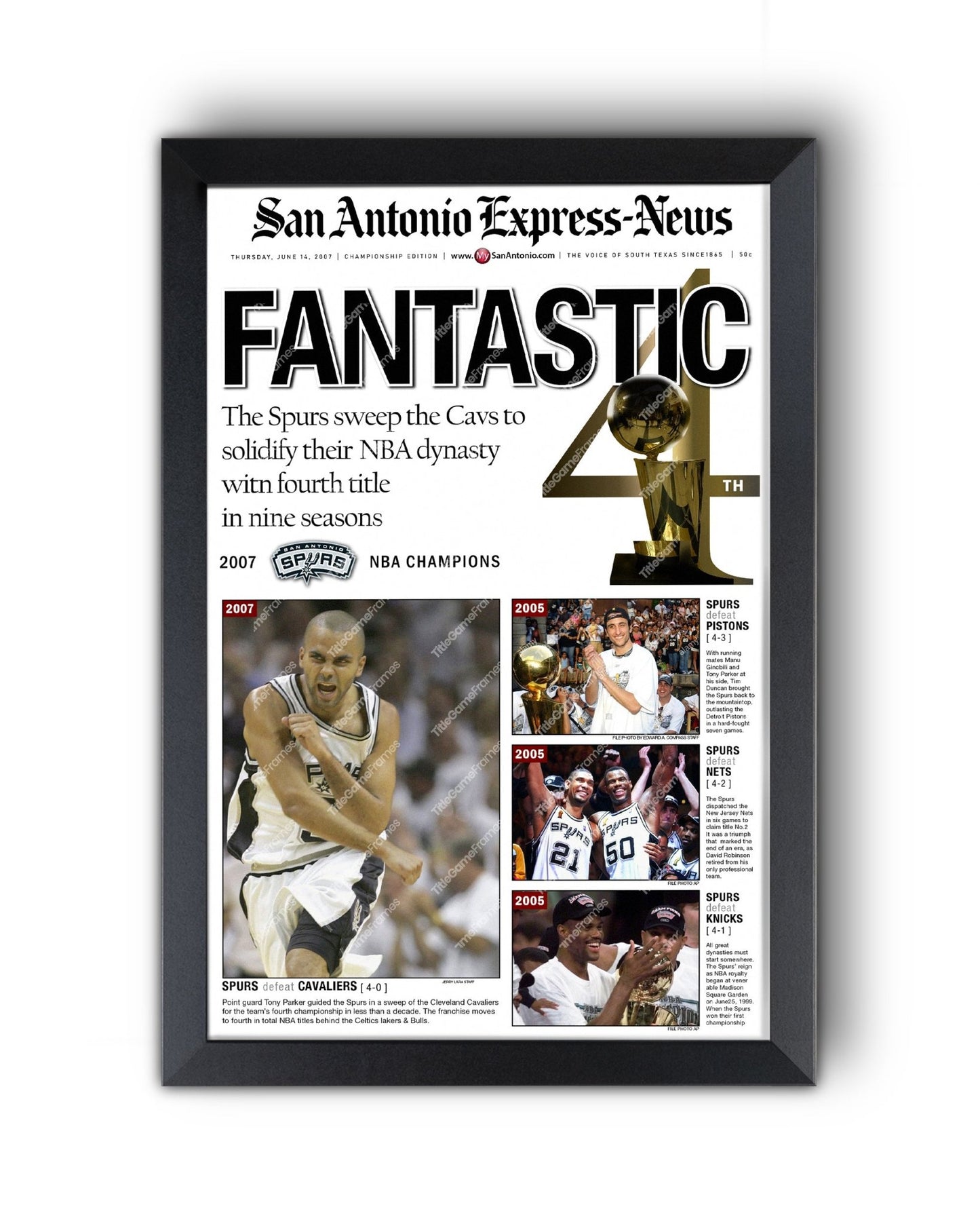 2007 San Antonio Spurs NBA Champion Framed Front Page Newspaper Print - Title Game Frames