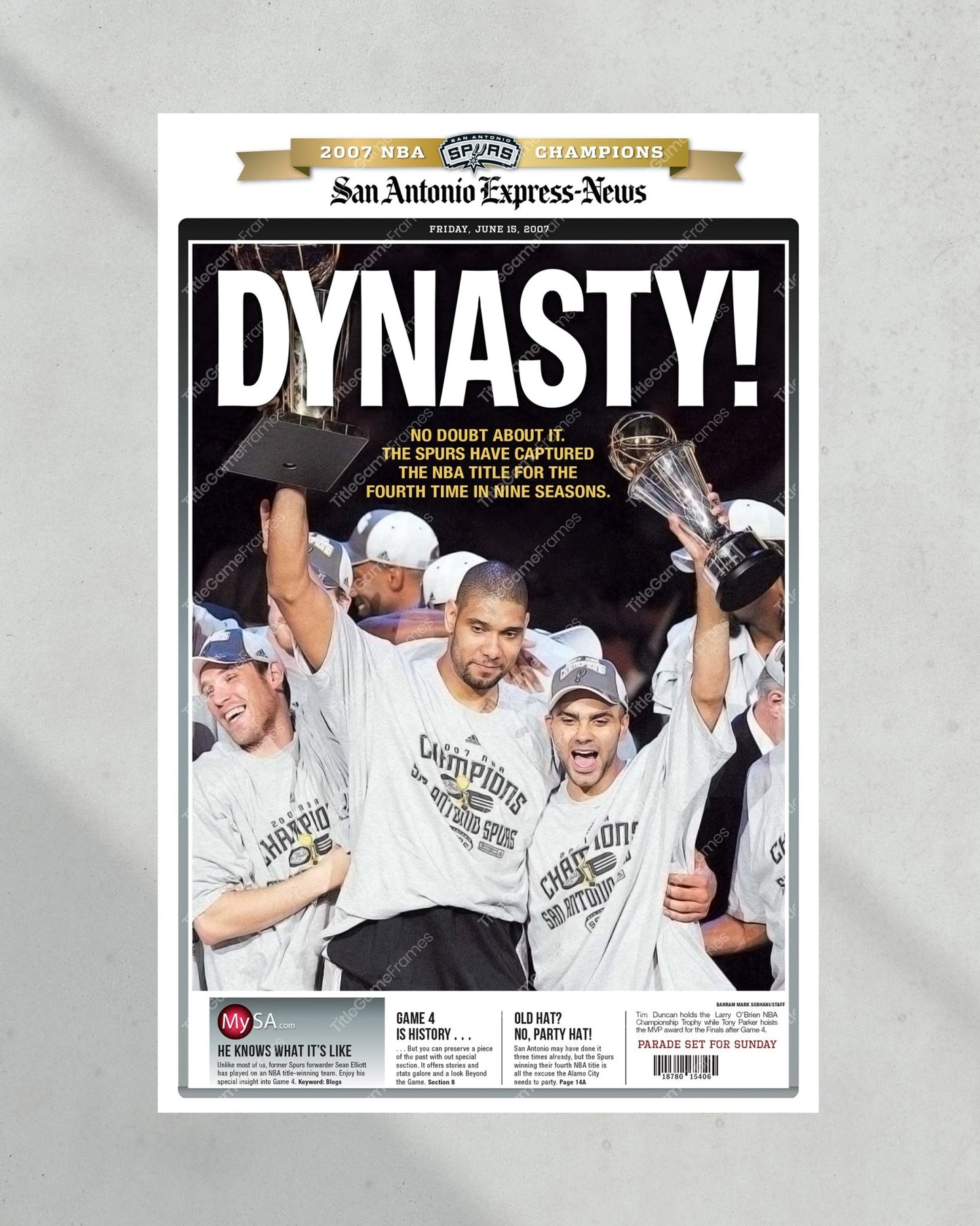 2007 San Antonio Spurs NBA Champion Framed Front Page Newspaper Print - TitleGameFrames.com