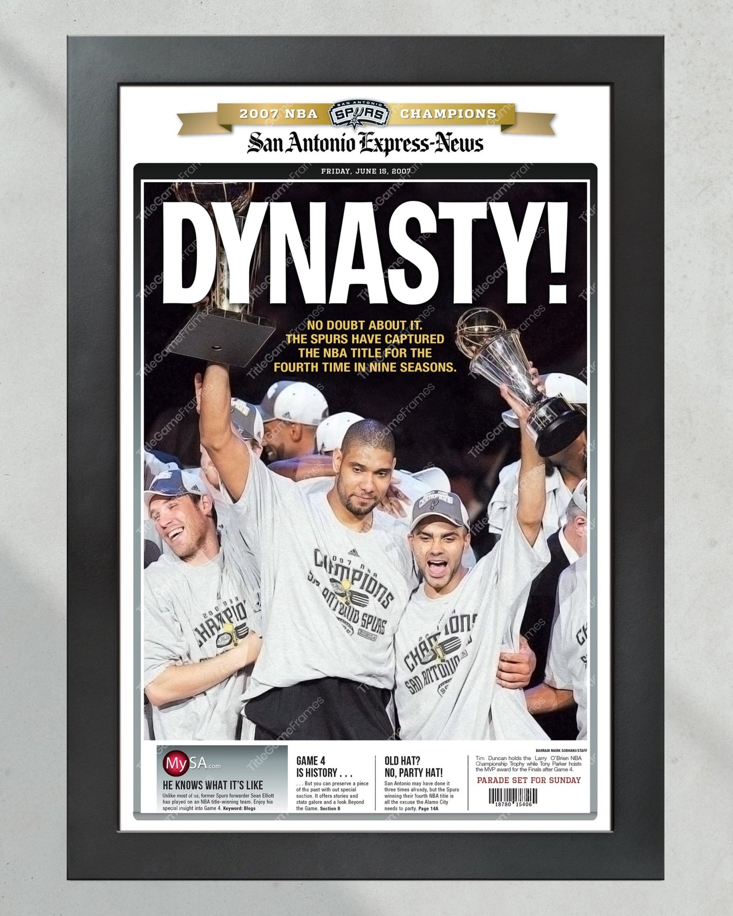 2007 San Antonio Spurs NBA Champion Framed Front Page Newspaper Print - TitleGameFrames.com