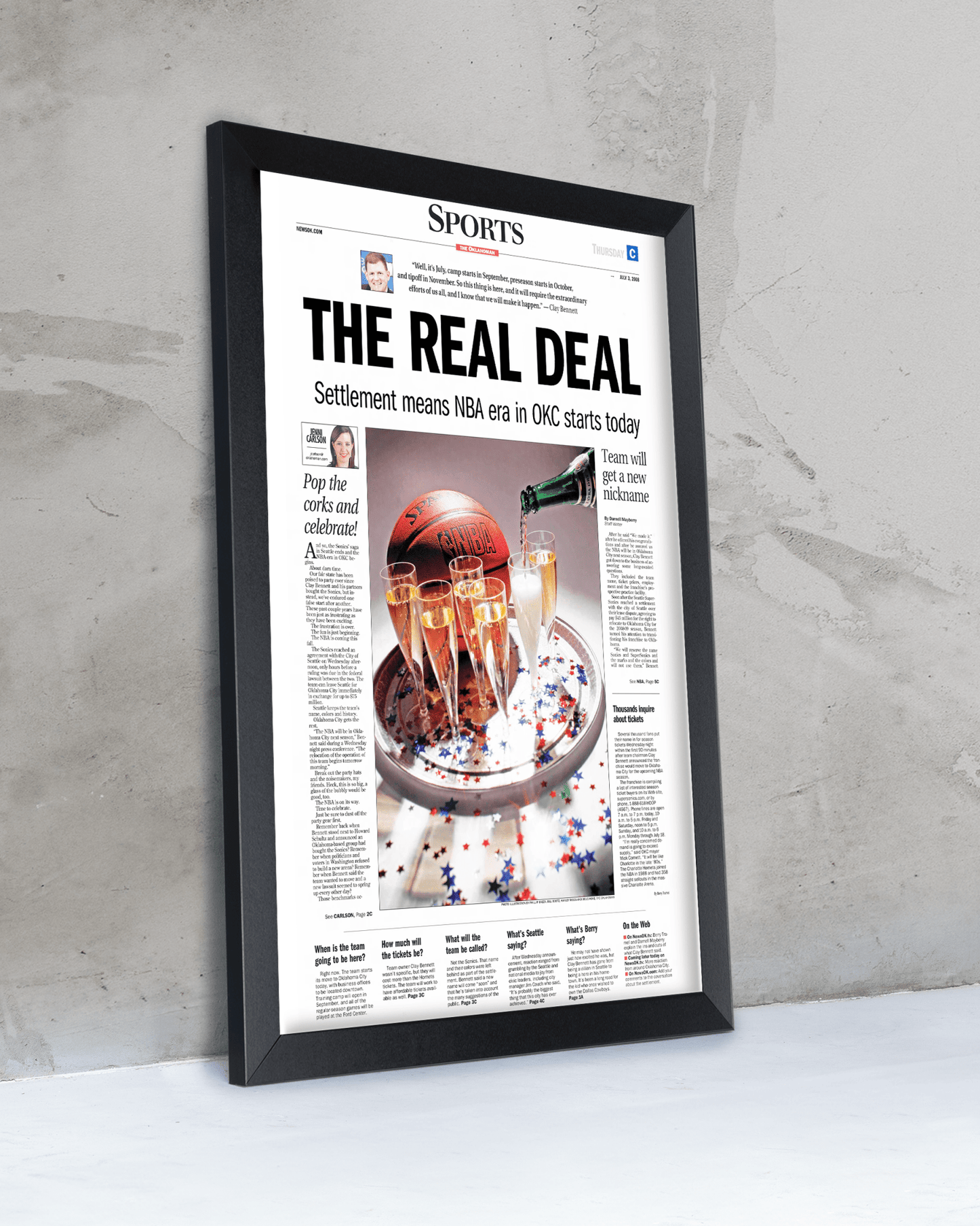 2008 Oklahoma City Thunder NBA Arrival “The Real Deal” – Framed Newspaper - TitleGameFrames.com