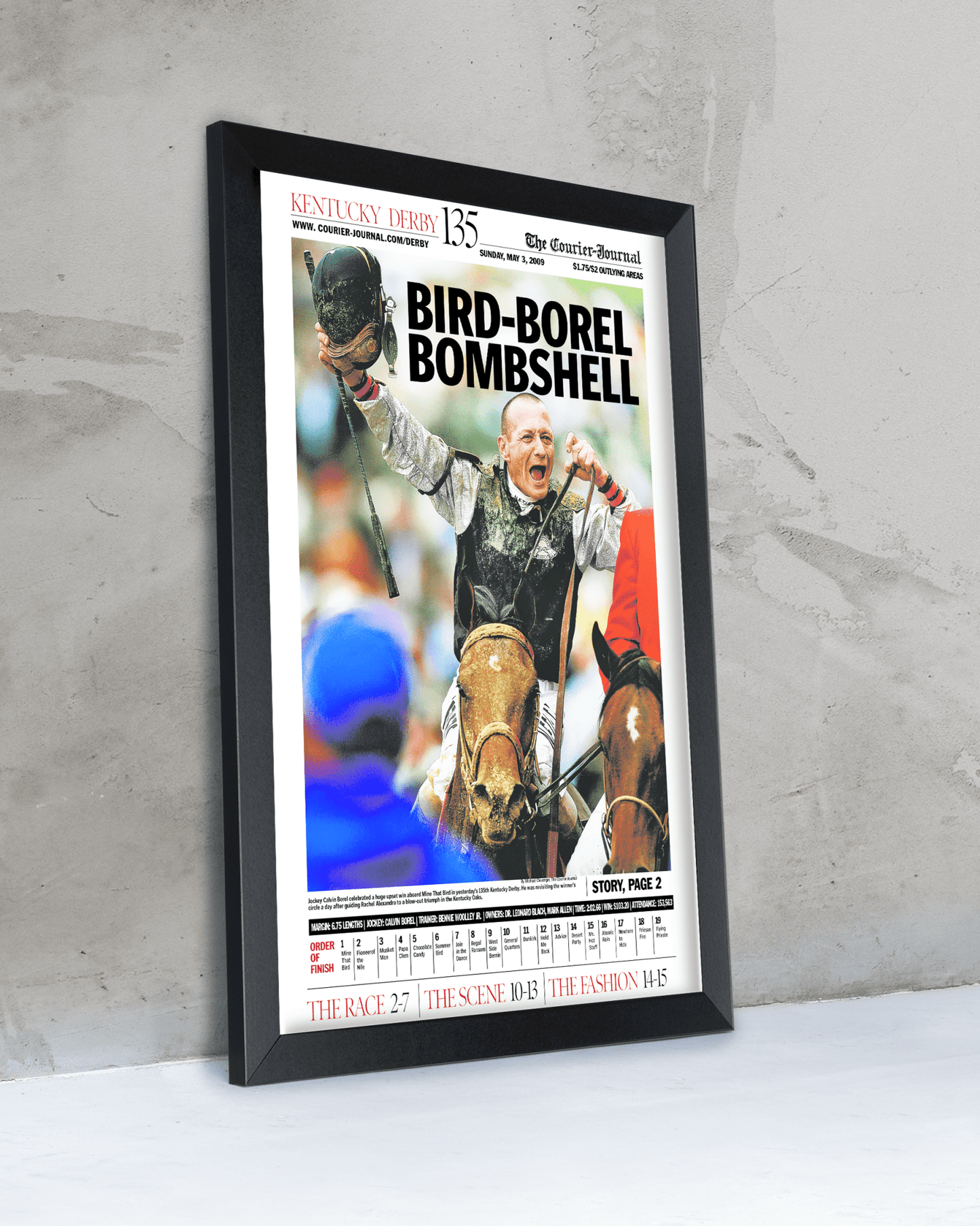 2009 Kentucky Derby "BIRD - BOREL BOMBSHELL" Mine That Bird Winner Framed Newspaper - TitleGameFrames.com