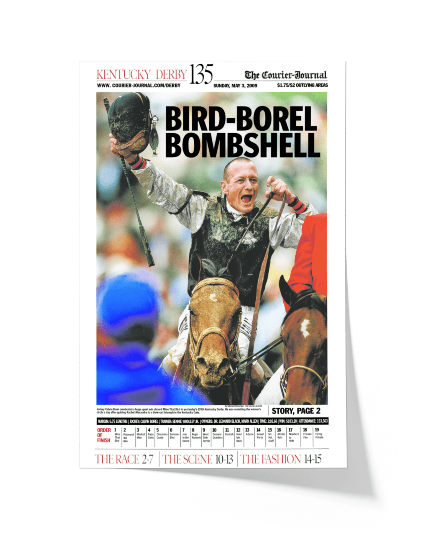 2009 Kentucky Derby "BIRD - BOREL BOMBSHELL" Mine That Bird Winner Framed Newspaper - TitleGameFrames.com