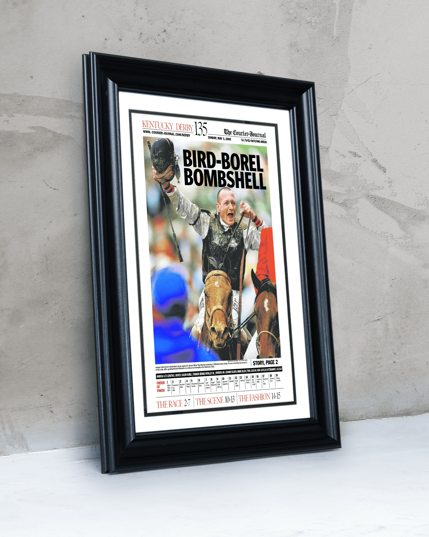 2009 Kentucky Derby "BIRD - BOREL BOMBSHELL" Mine That Bird Winner Framed Newspaper - TitleGameFrames.com