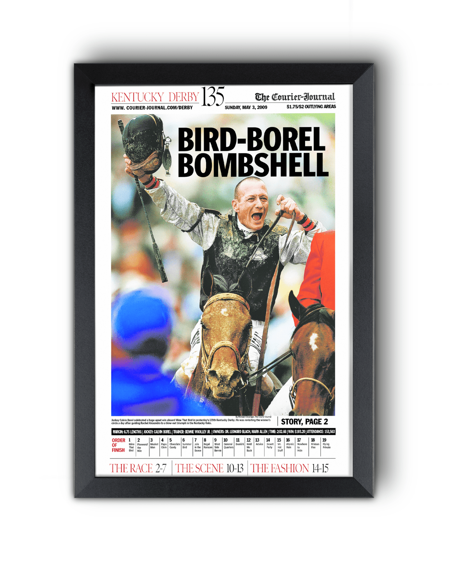 2009 Kentucky Derby "BIRD - BOREL BOMBSHELL" Mine That Bird Winner Framed Newspaper - TitleGameFrames.com