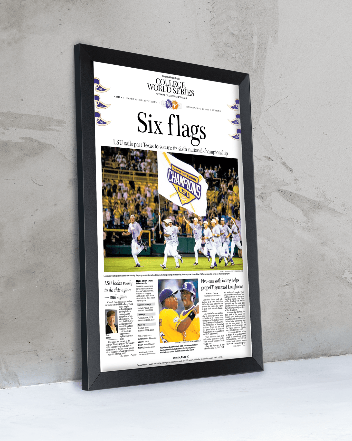 2009 LSU Tigers “Six Flags” College World Series Baseball Champions Front Page Newspaper - TitleGameFrames.com