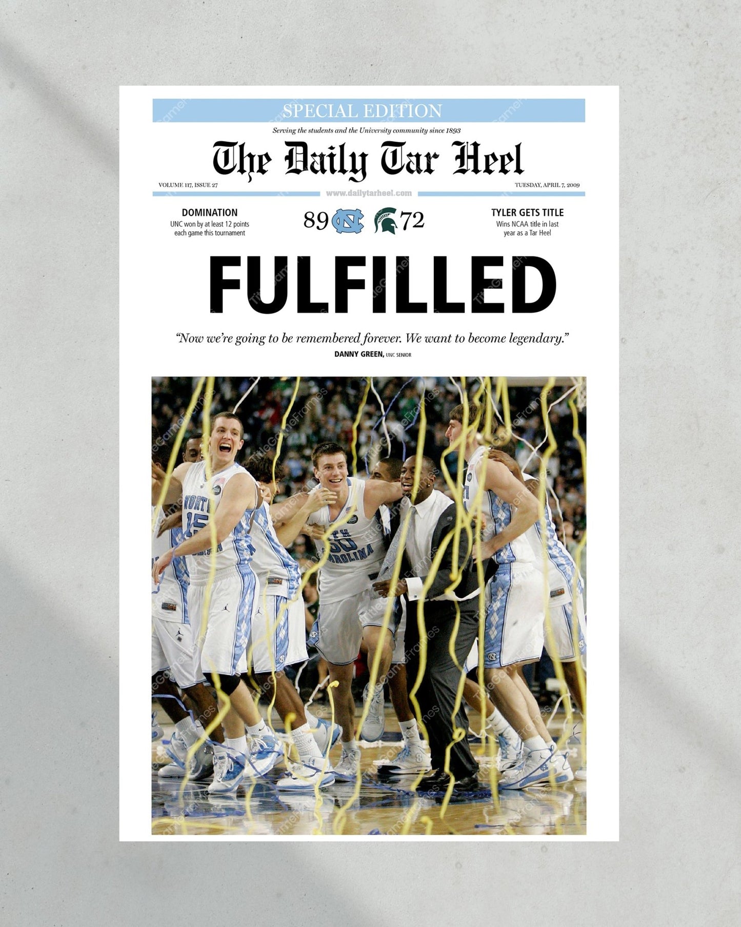 2009 North Carolina Tar Heels NCAA College Basketball Champions Framed Front Page Newspaper Print - TitleGameFrames.com