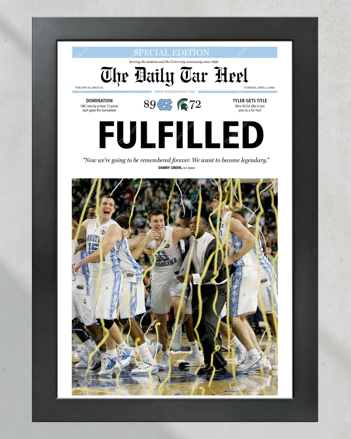 2009 North Carolina Tar Heels NCAA College Basketball Champions Framed Front Page Newspaper Print - TitleGameFrames.com