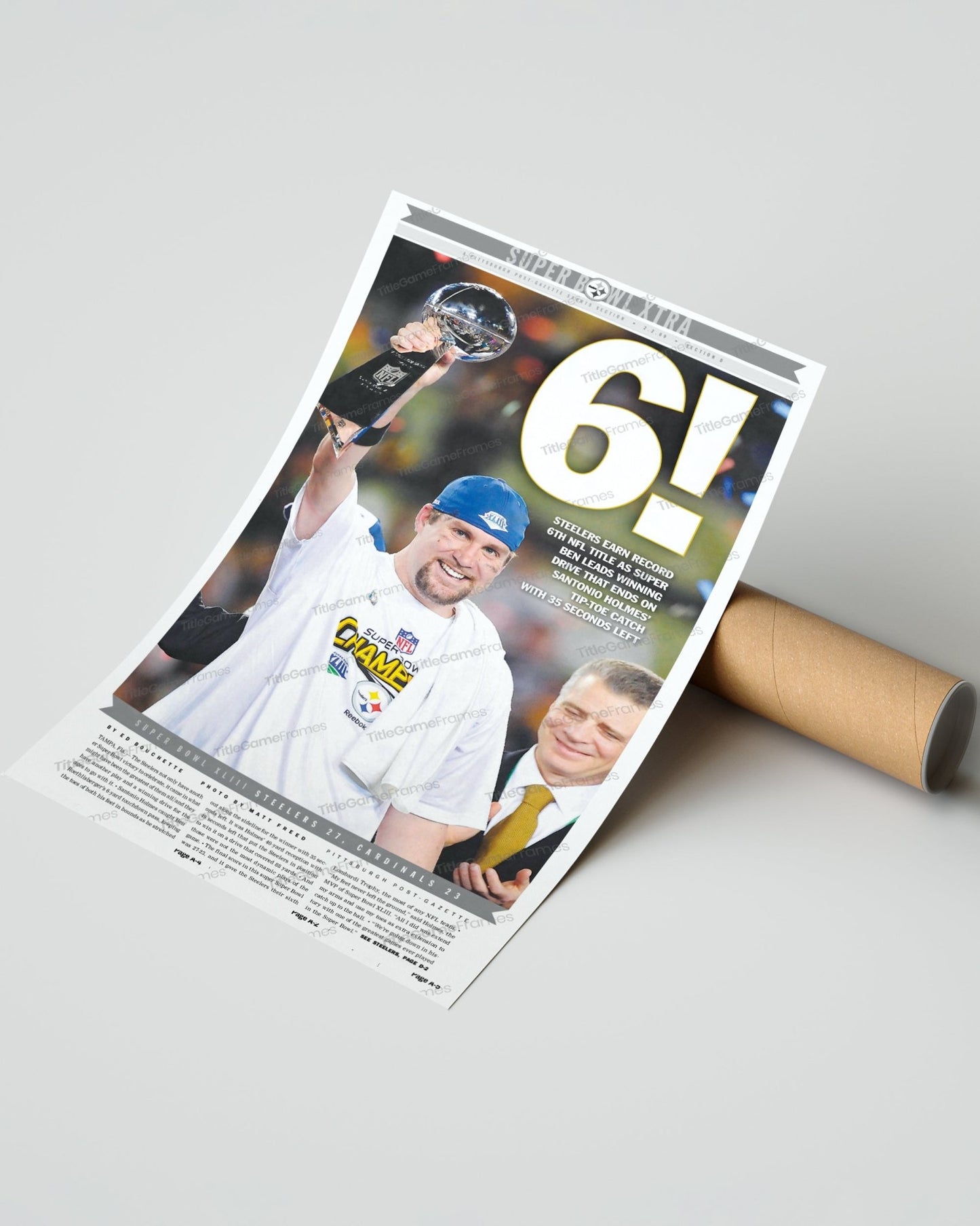 2009 Pittsburgh Steelers “6” Super Bowl Champions Framed Front Page Newspaper Print - TitleGameFrames.com