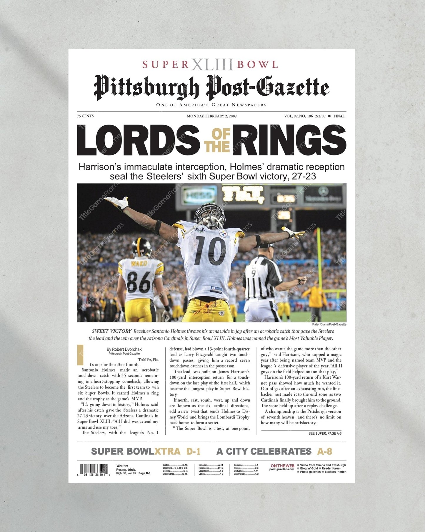 2009 Pittsburgh Steelers Superbowl XLIII Framed Front Page Newspaper Front Page Print - TitleGameFrames.com