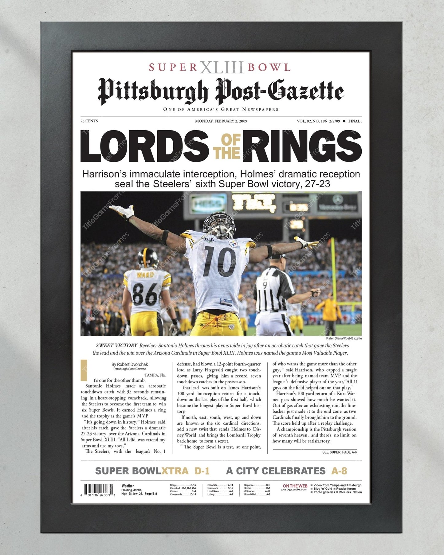 2009 Pittsburgh Steelers Superbowl XLIII Framed Front Page Newspaper Front Page Print - TitleGameFrames.com