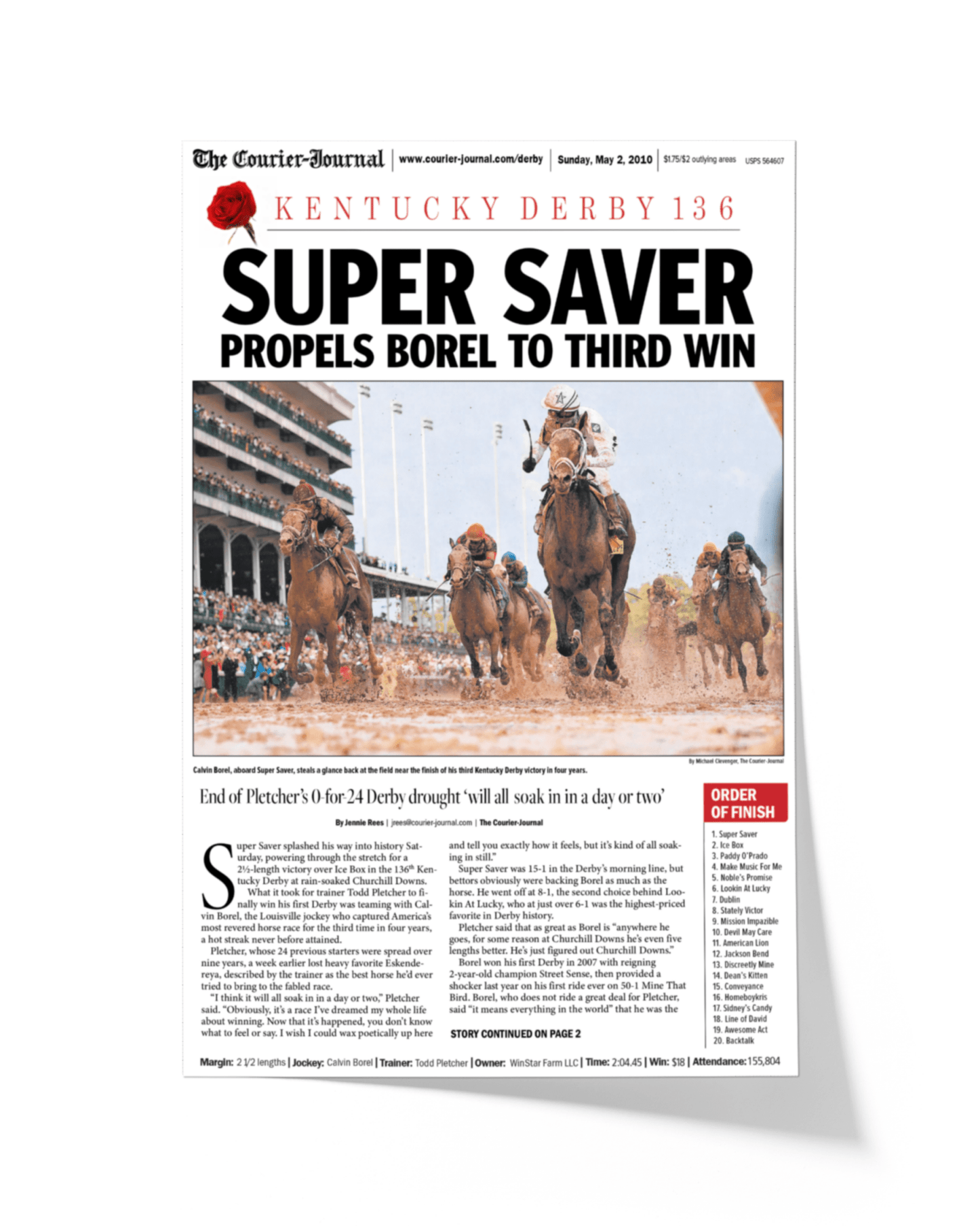 2010 Kentucky Derby "SUPER SAVER" Borel's 3rd Win Framed Front Page Newspaper - TitleGameFrames.com