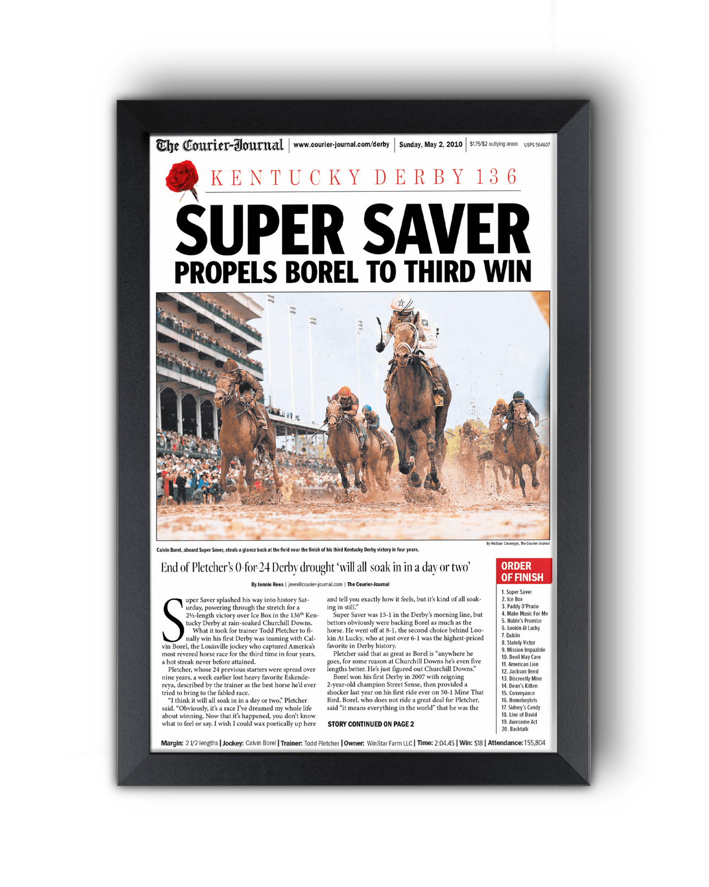 2010 Kentucky Derby "SUPER SAVER" Borel's 3rd Win Framed Front Page Newspaper - TitleGameFrames.com