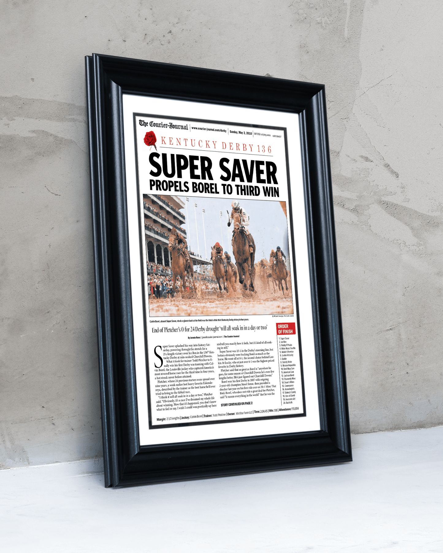 2010 Kentucky Derby "SUPER SAVER" Borel's 3rd Win Framed Front Page Newspaper - TitleGameFrames.com