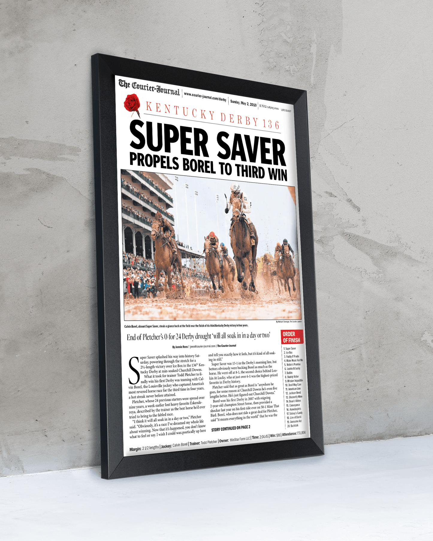 2010 Kentucky Derby "SUPER SAVER" Borel's 3rd Win Framed Front Page Newspaper - TitleGameFrames.com