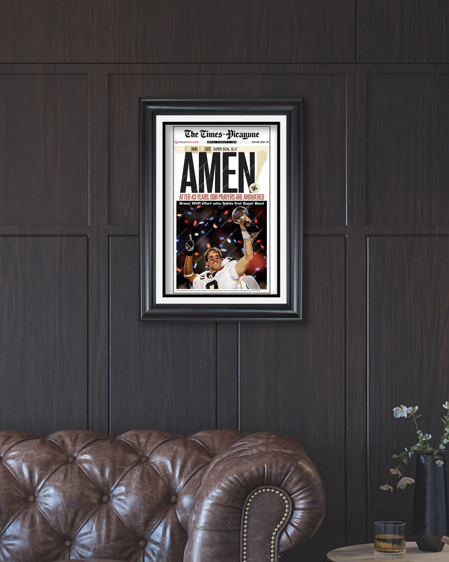 2010 New Orleans Saints Super Bowl XLIV Drew Brees Framed High Quality Newspaper Print Drew Brees - TitleGameFrames.com