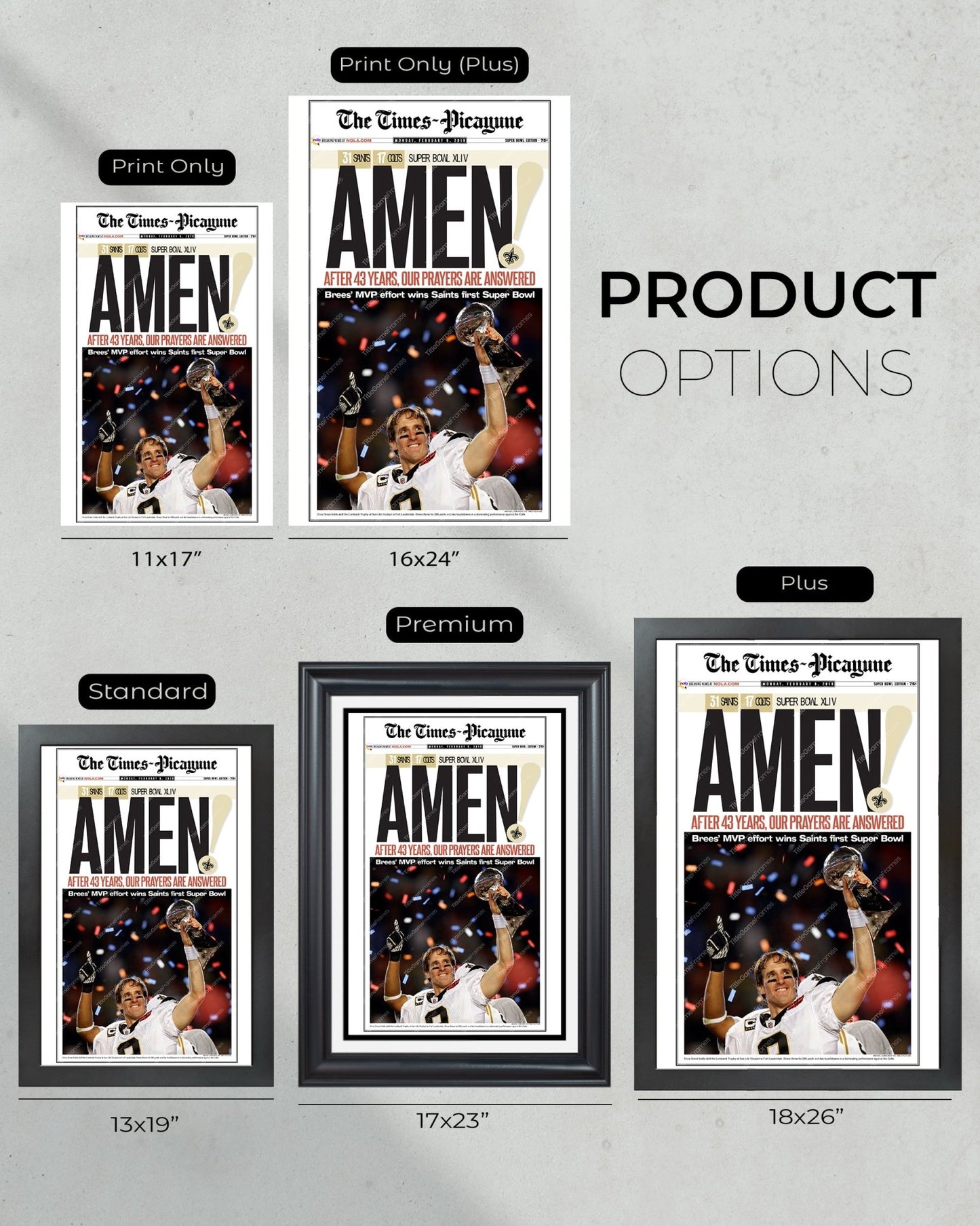 2010 New Orleans Saints Super Bowl XLIV Drew Brees Framed High Quality Newspaper Print Drew Brees - TitleGameFrames.com